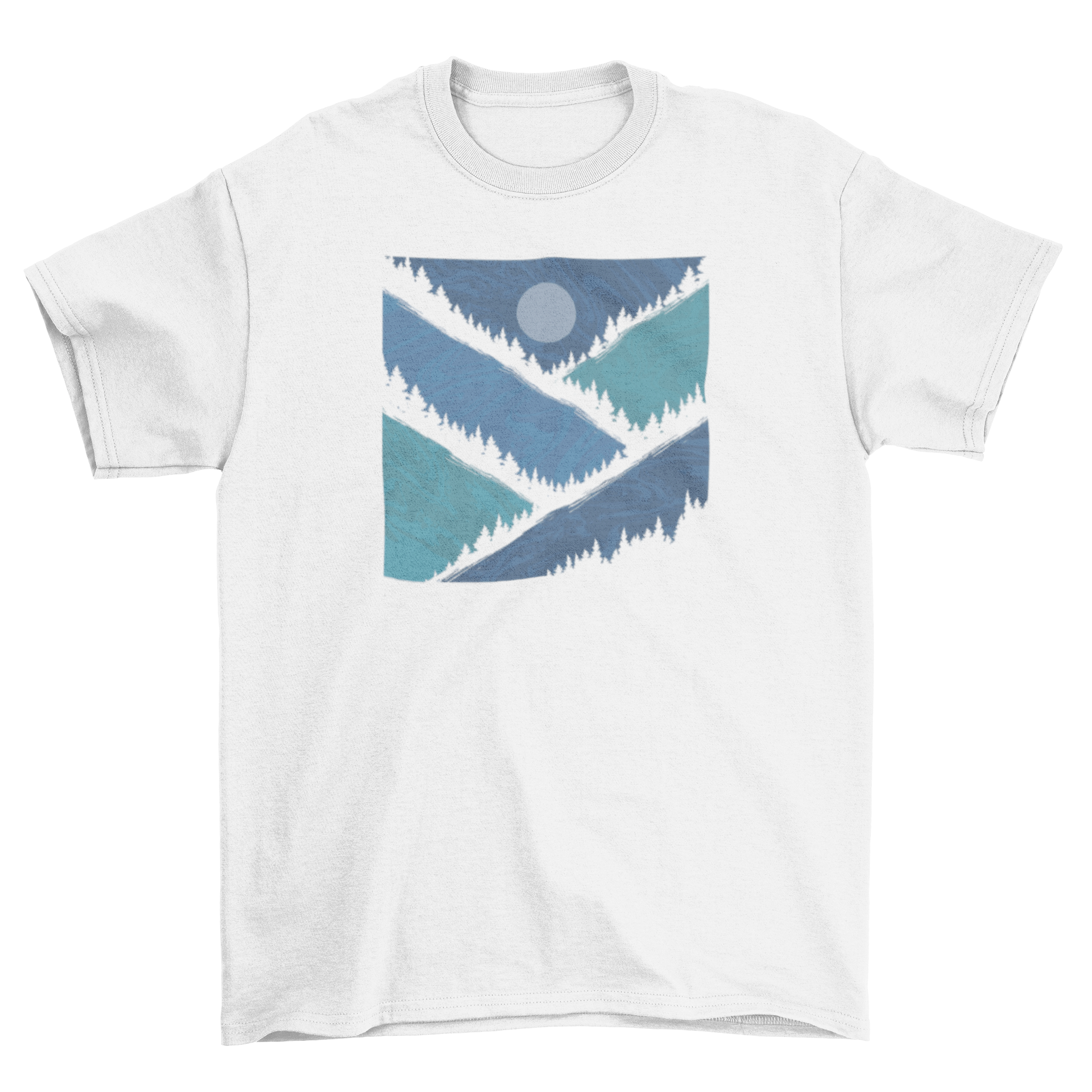 A stylish Geometric Mountains T-shirt featuring a night sky illustration with geometric mountain shapes.