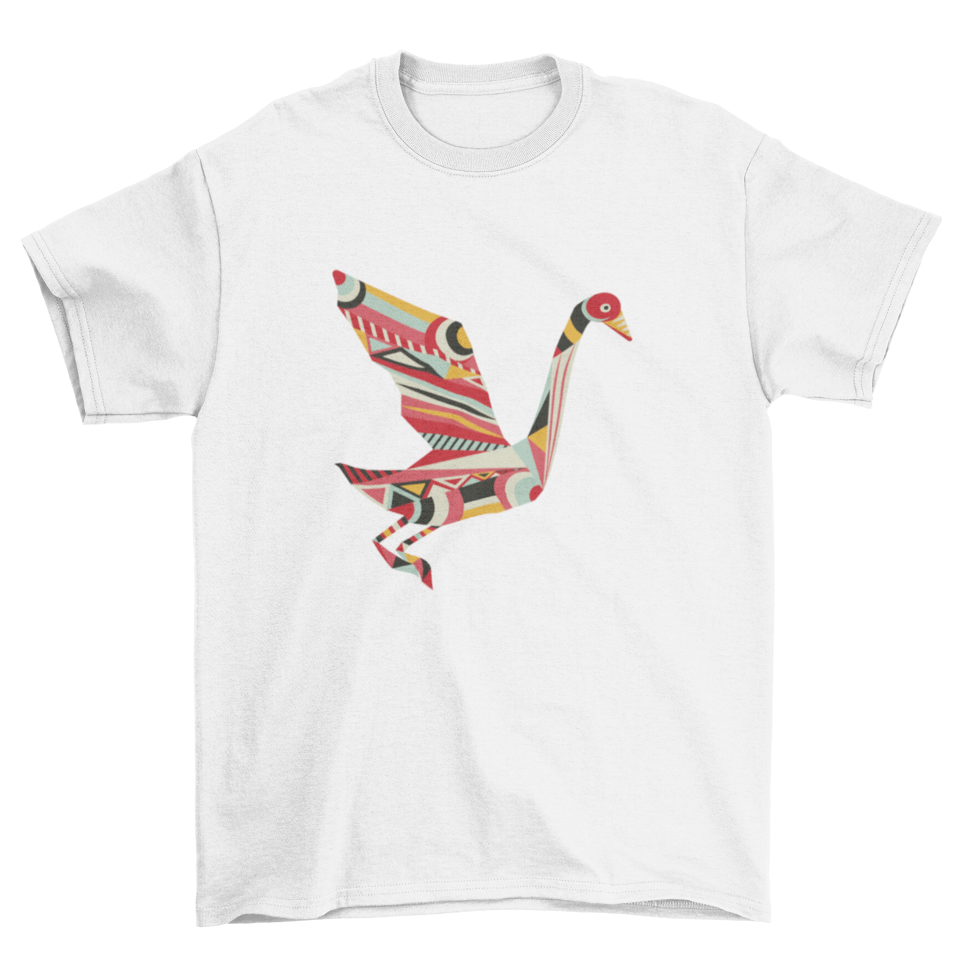 Colorful Geometric Shapes Bird T-shirt featuring a flying swan design made of vibrant geometric patterns.