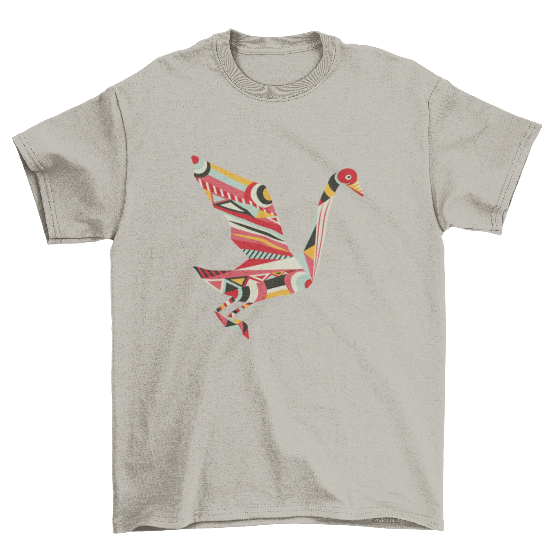 Colorful Geometric Shapes Bird T-shirt featuring a flying swan design made of vibrant geometric patterns.