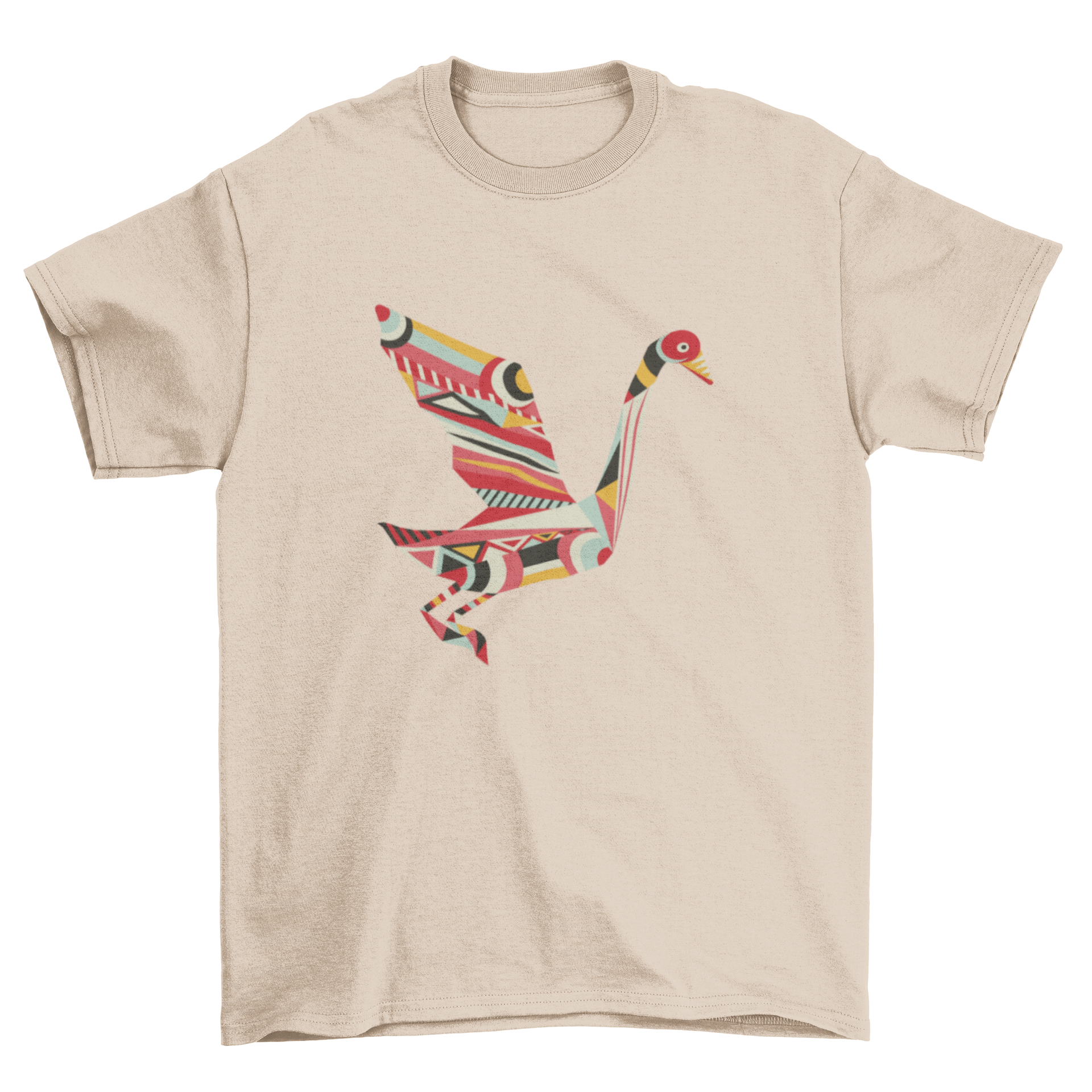 Colorful Geometric Shapes Bird T-shirt featuring a flying swan design made of vibrant geometric patterns.