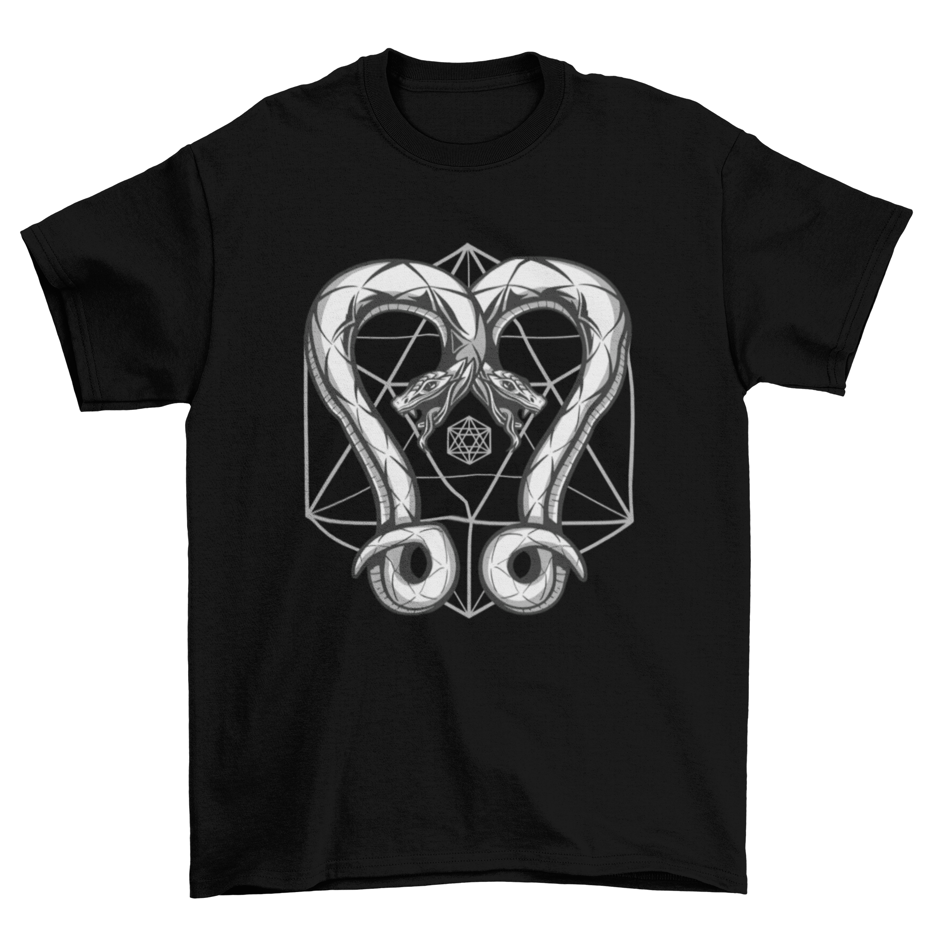 A stylish t-shirt featuring two intertwined snakes designed with geometric shapes, showcasing a modern and artistic look.