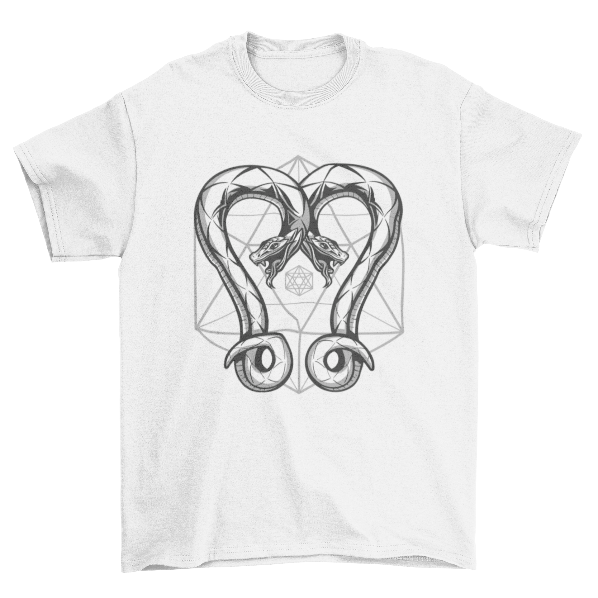 A stylish t-shirt featuring two intertwined snakes designed with geometric shapes, showcasing a modern and artistic look.