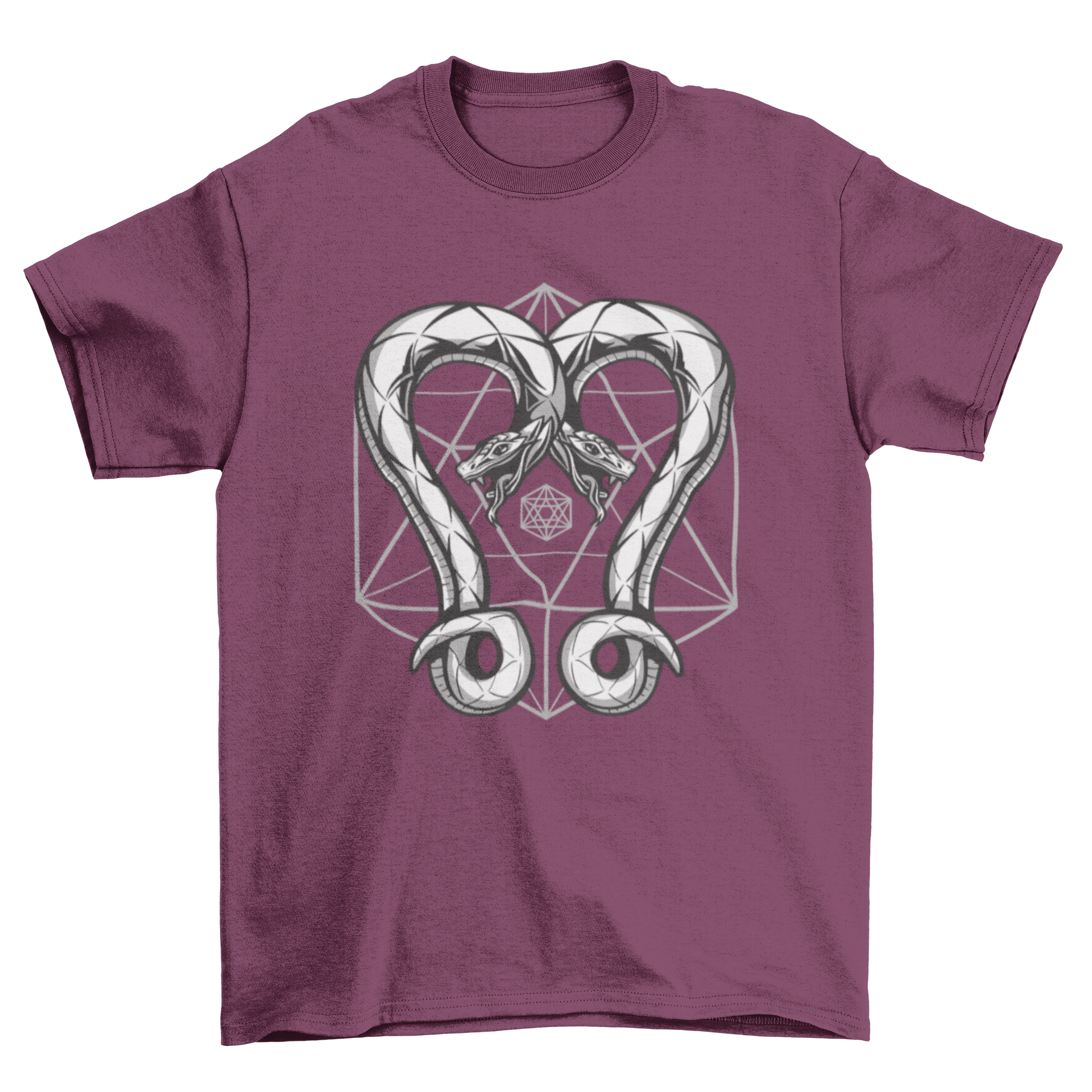 A stylish t-shirt featuring two intertwined snakes designed with geometric shapes, showcasing a modern and artistic look.