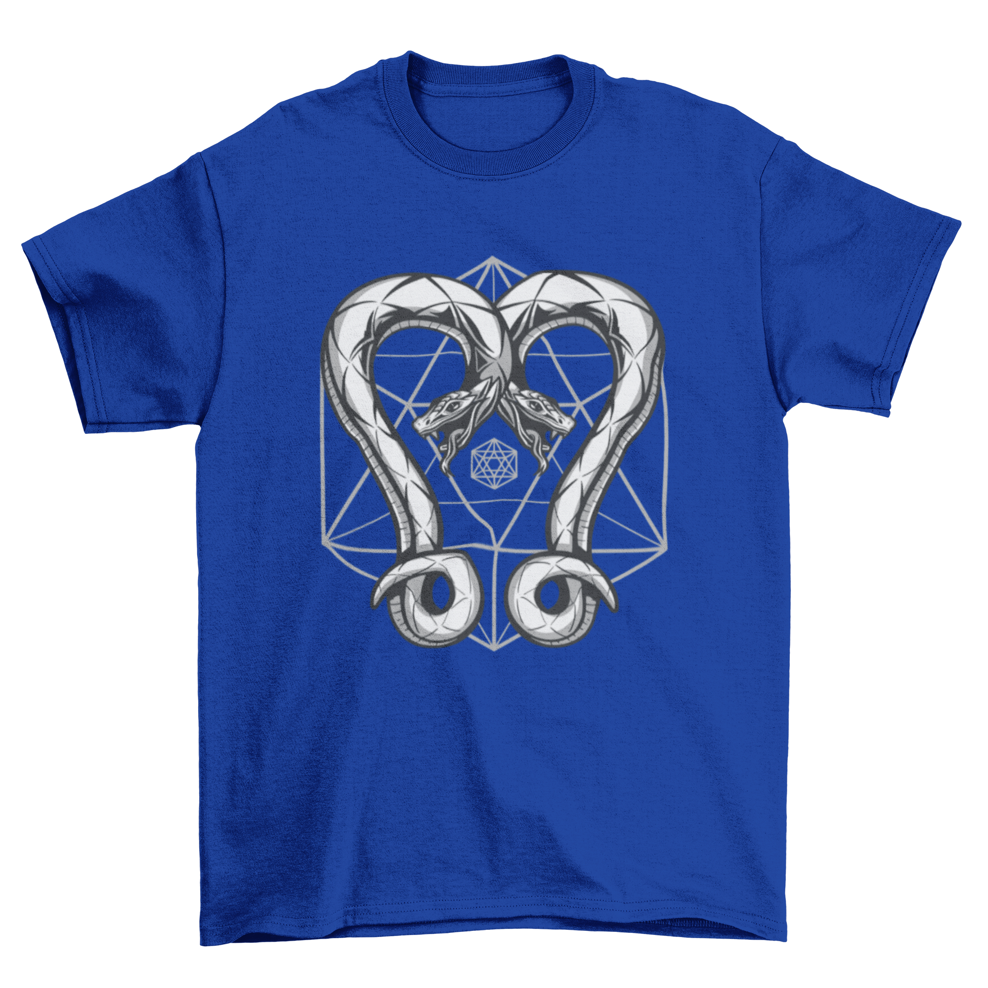 A stylish t-shirt featuring two intertwined snakes designed with geometric shapes, showcasing a modern and artistic look.