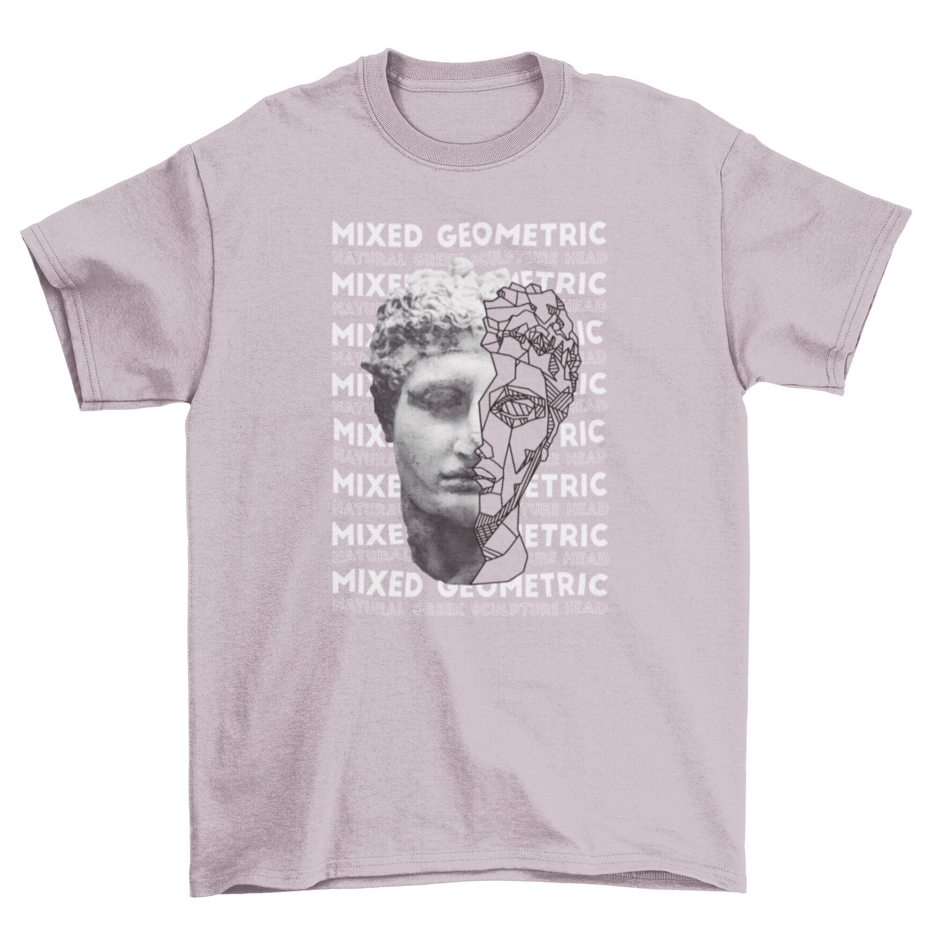 Geometric statue head t-shirt featuring a sculpture head design with half geometric face and the quote 'Mixed geometric'.