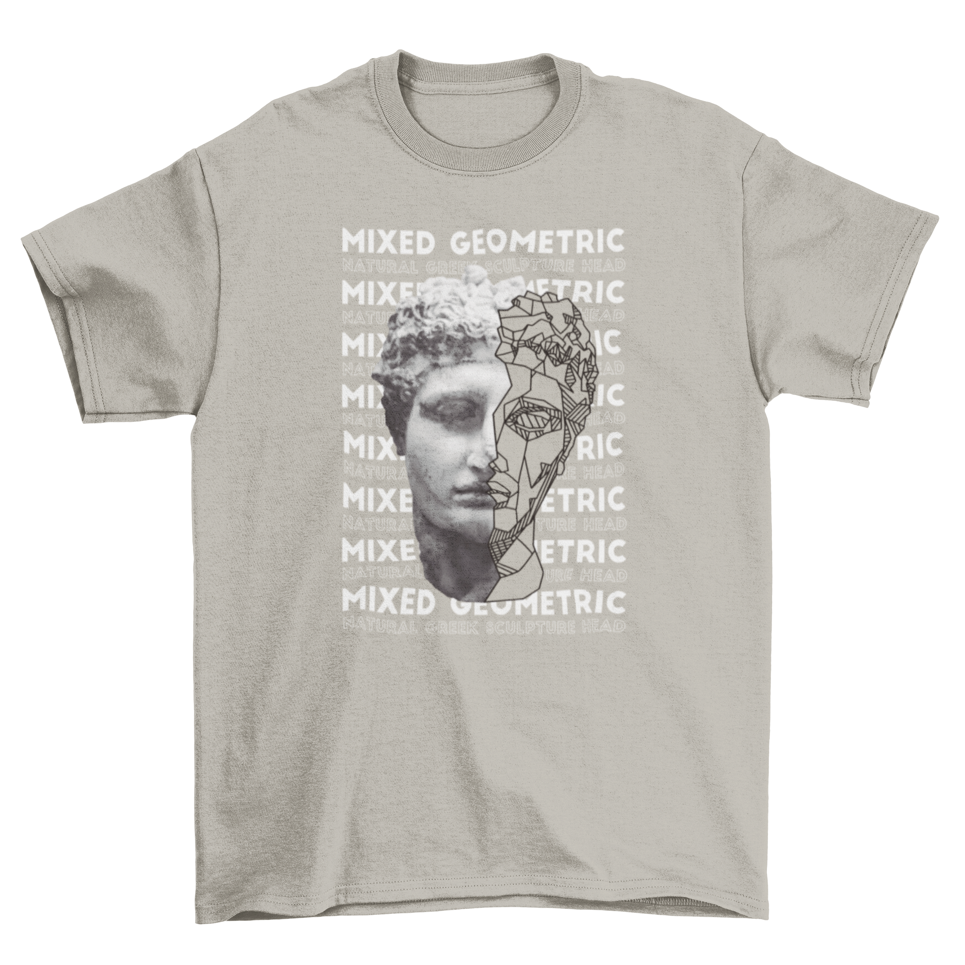 Geometric statue head t-shirt featuring a sculpture head design with half geometric face and the quote 'Mixed geometric'.