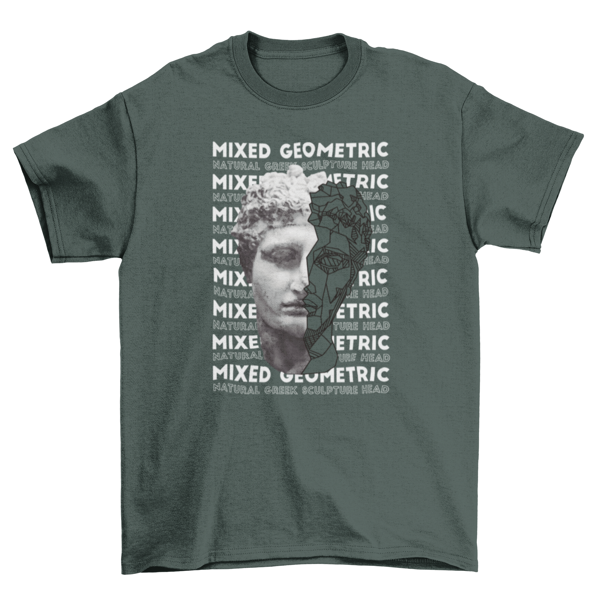 Geometric statue head t-shirt featuring a sculpture head design with half geometric face and the quote 'Mixed geometric'.