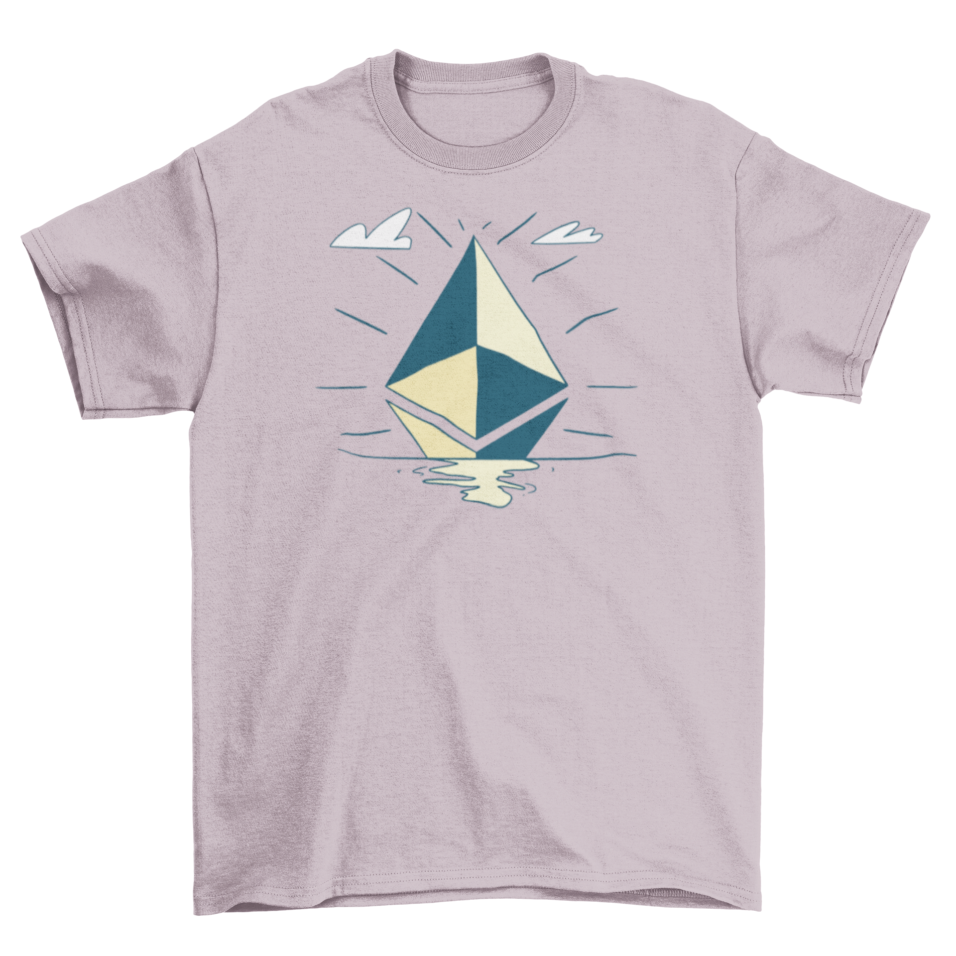 A stylish Geometric Sunset T-Shirt featuring a vibrant sunset illustration in geometric shapes, perfect for casual wear.