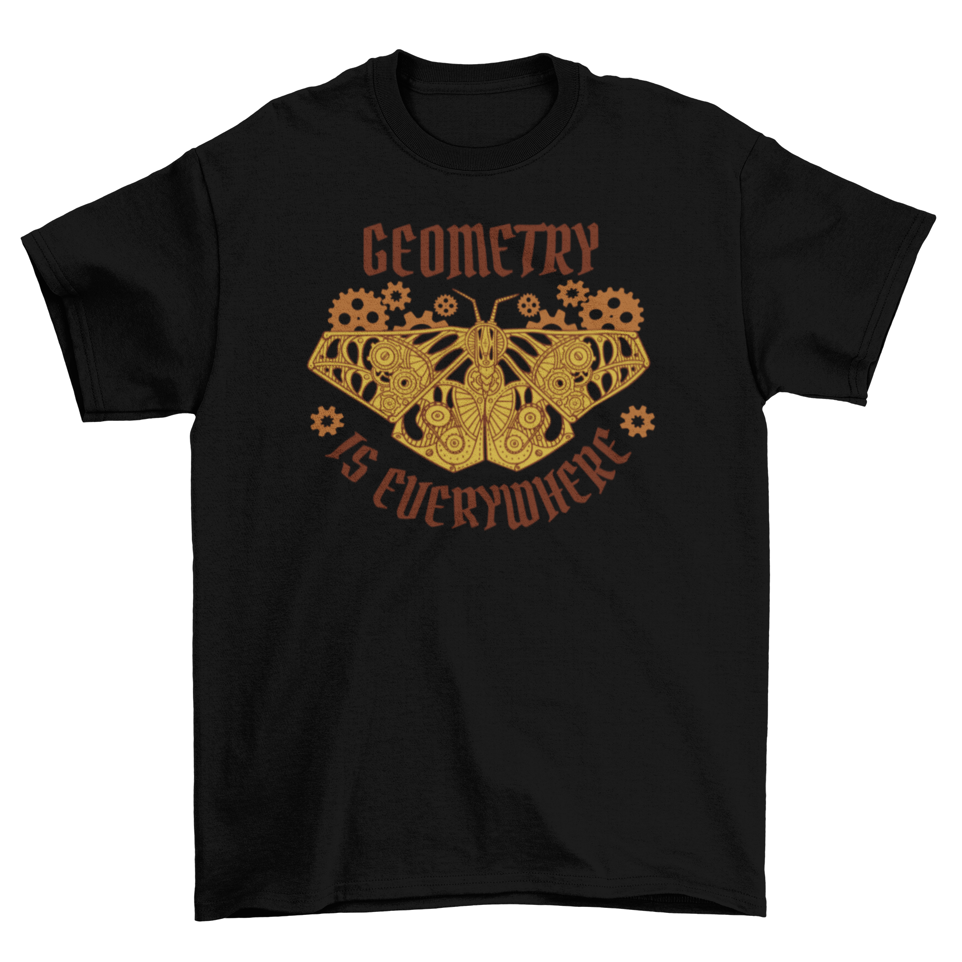 A stylish t-shirt featuring a fractal moth design and the quote 'Geometry is everywhere', perfect for math and art enthusiasts.