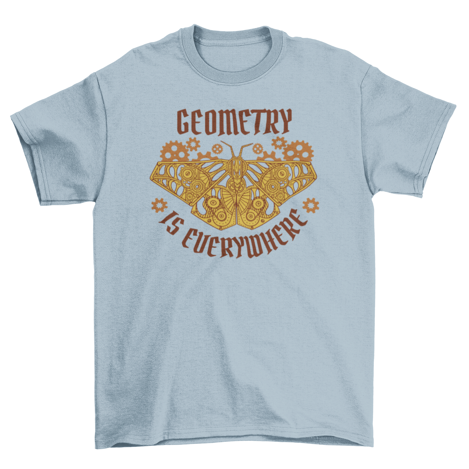 A stylish t-shirt featuring a fractal moth design and the quote 'Geometry is everywhere', perfect for math and art enthusiasts.