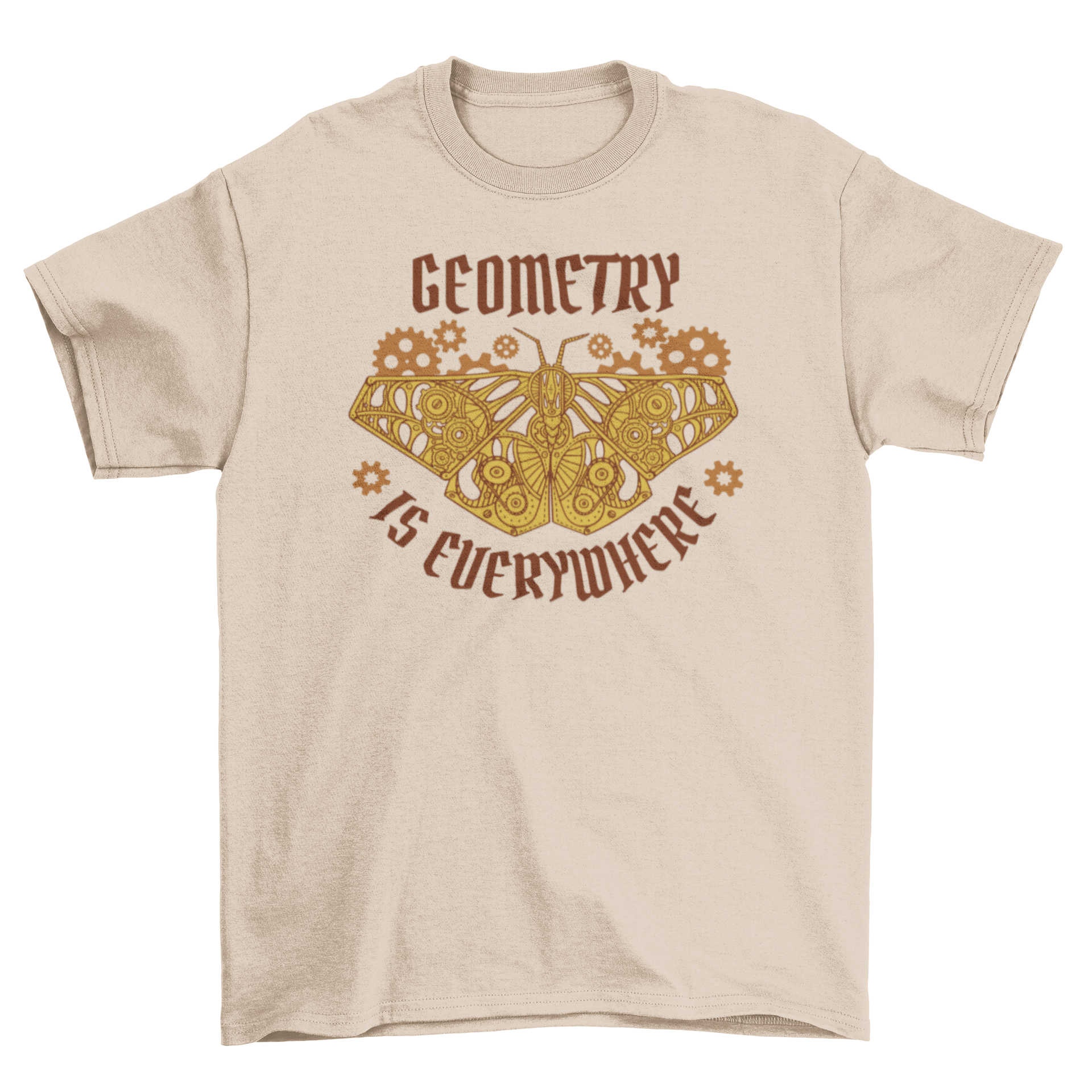 A stylish t-shirt featuring a fractal moth design and the quote 'Geometry is everywhere', perfect for math and art enthusiasts.