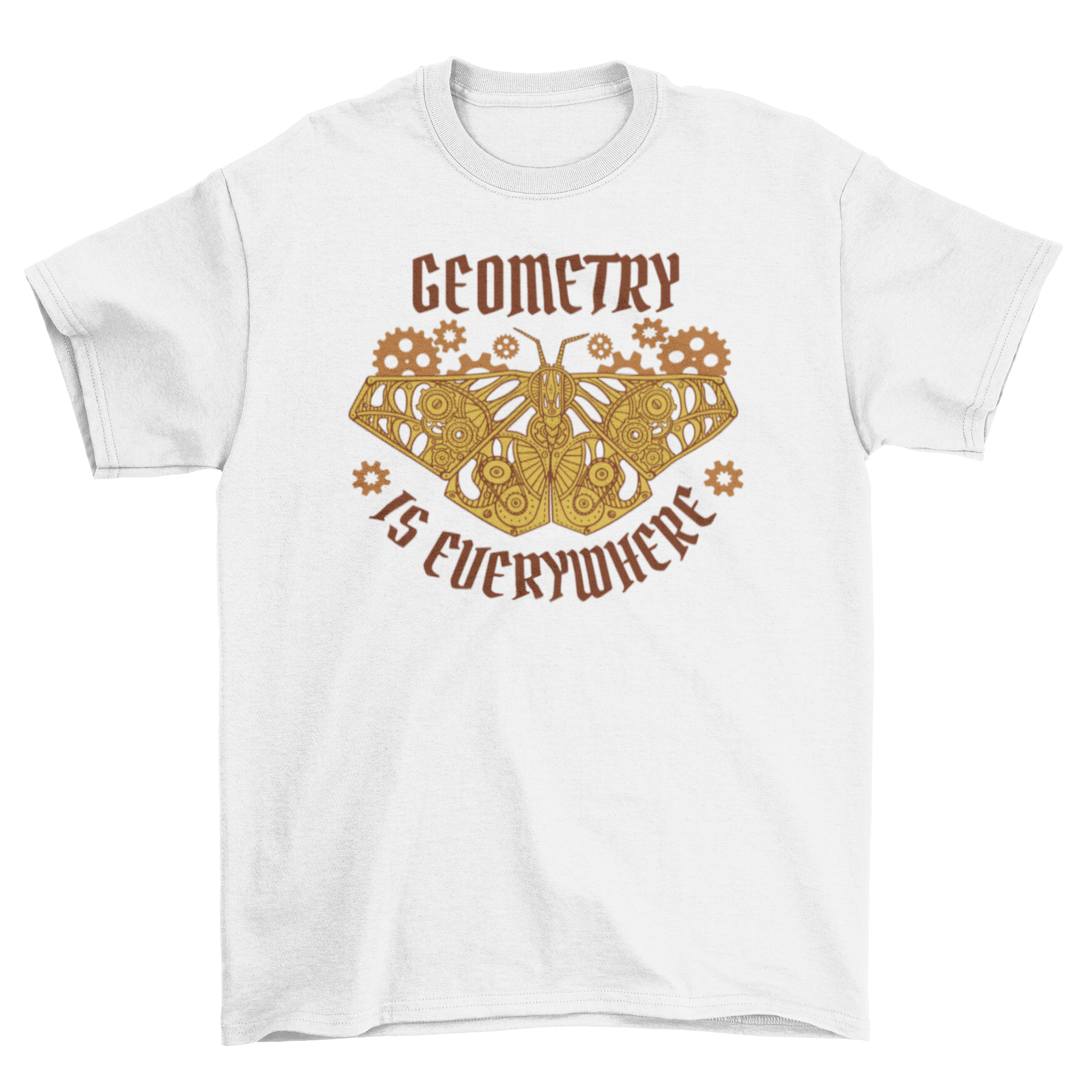 A stylish t-shirt featuring a fractal moth design and the quote 'Geometry is everywhere', perfect for math and art enthusiasts.