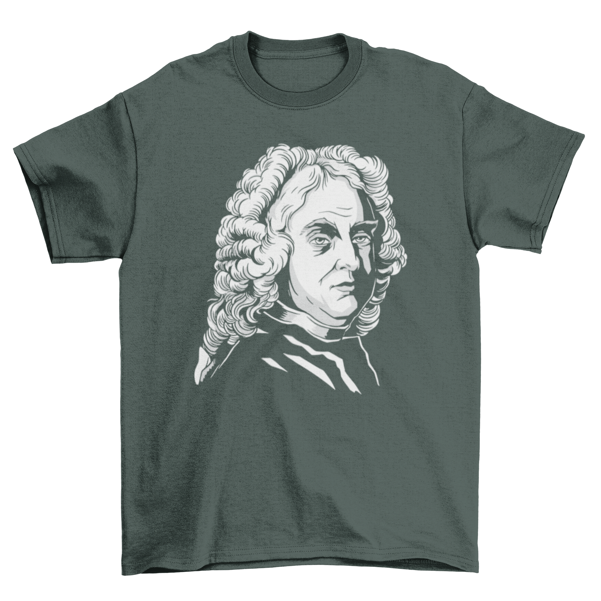 A stylish t-shirt featuring a detailed portrait of composer George Frederick Handel.