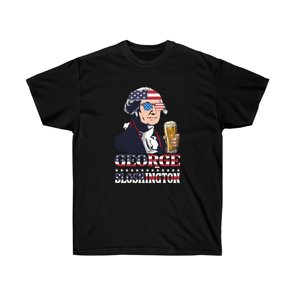 George Sloshington July 4th T-Shirt featuring a humorous beer graphic, made from soft cotton.