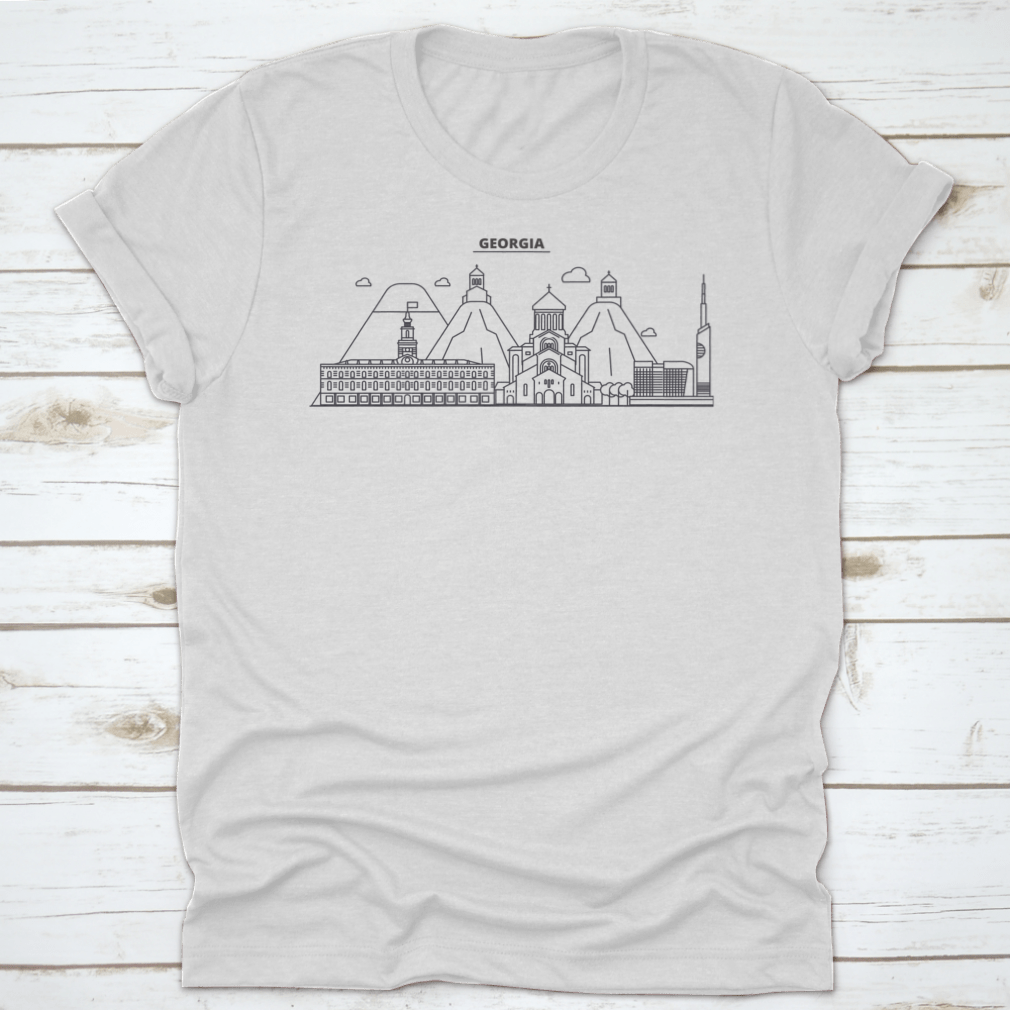 Georgia Architecture Line Skyline Illustration t-shirt showcasing a unique skyline design on a comfortable cotton fabric.