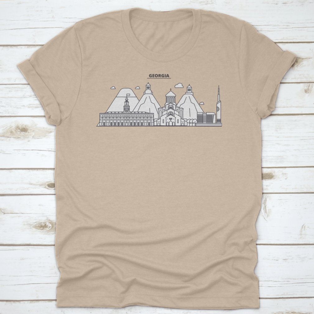 Georgia Architecture Line Skyline Illustration t-shirt showcasing a unique skyline design on a comfortable cotton fabric.