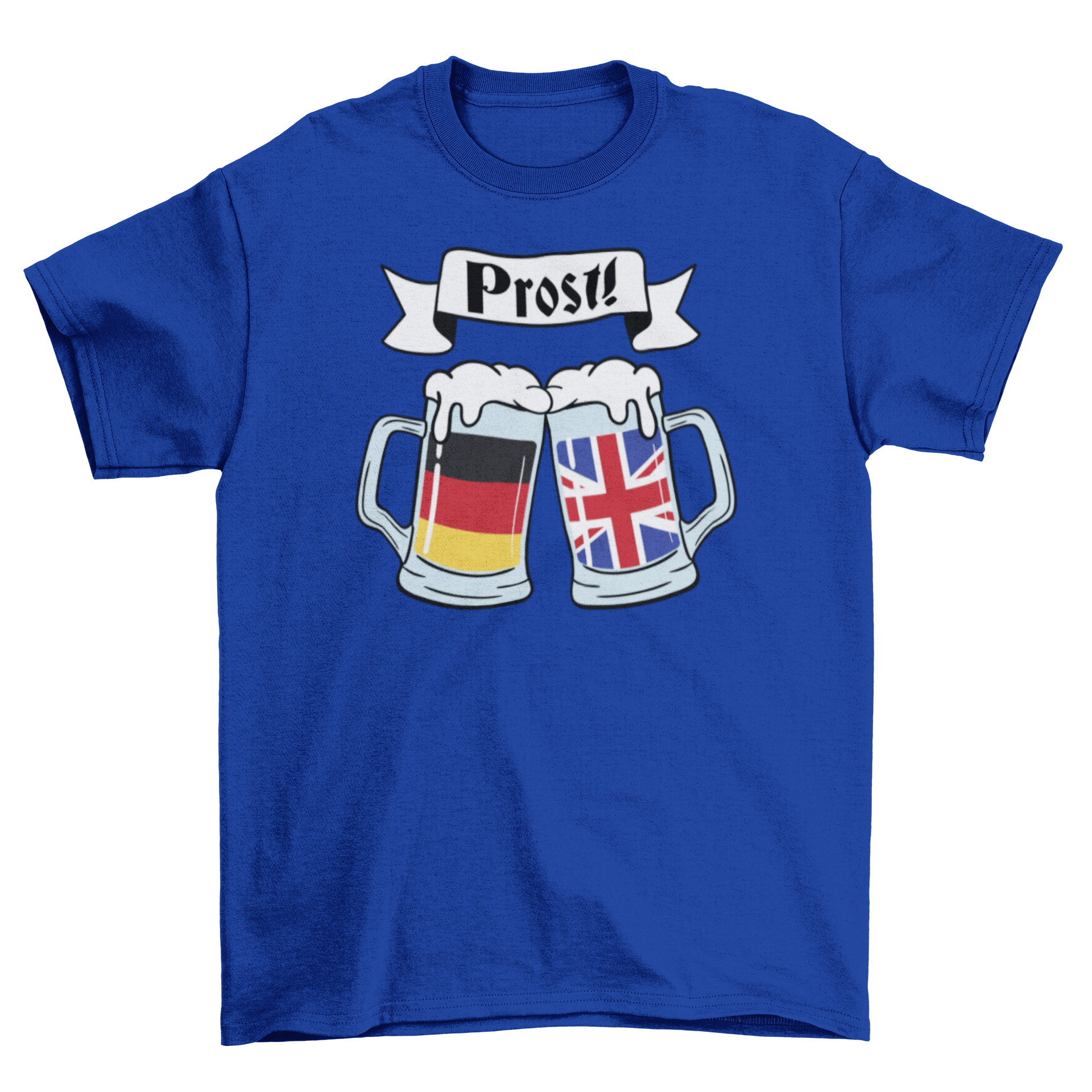 A stylish t-shirt featuring German and British flags with beers and a German quote meaning 'Cheers'.