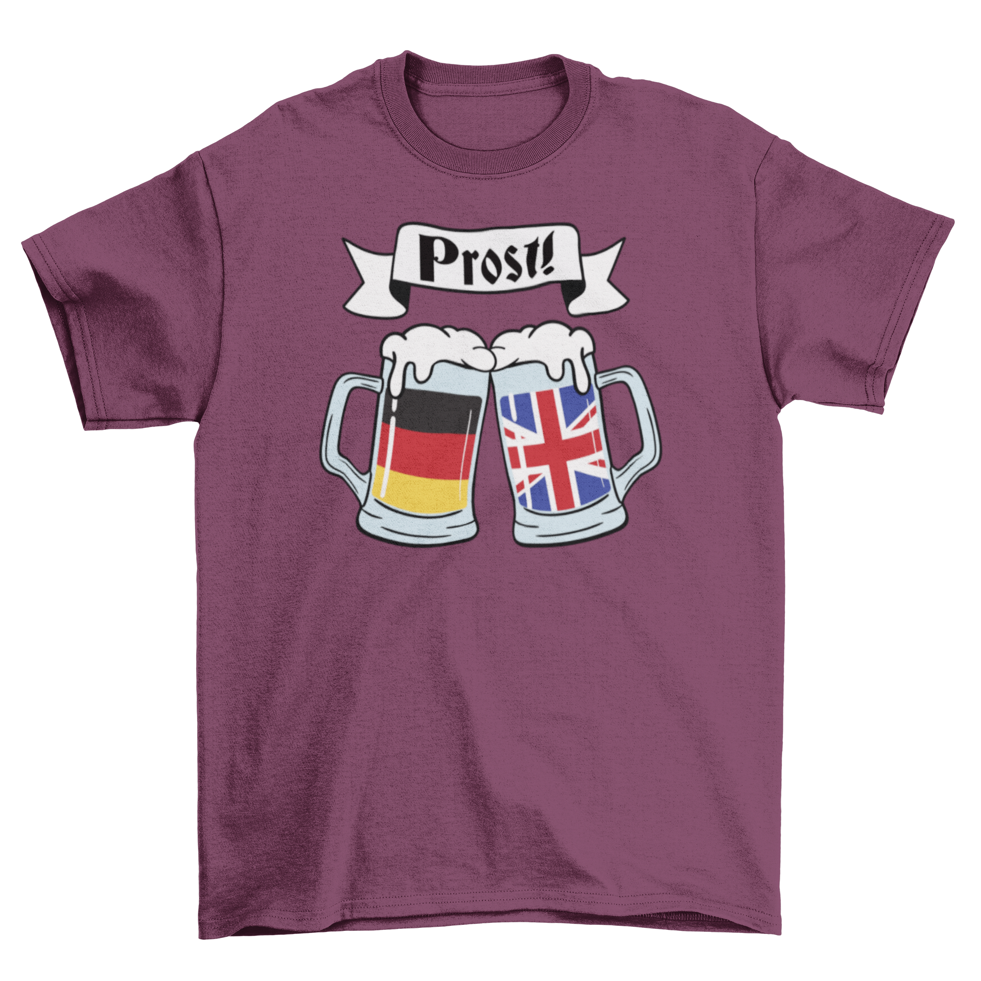 A stylish t-shirt featuring German and British flags with beers and a German quote meaning 'Cheers'.