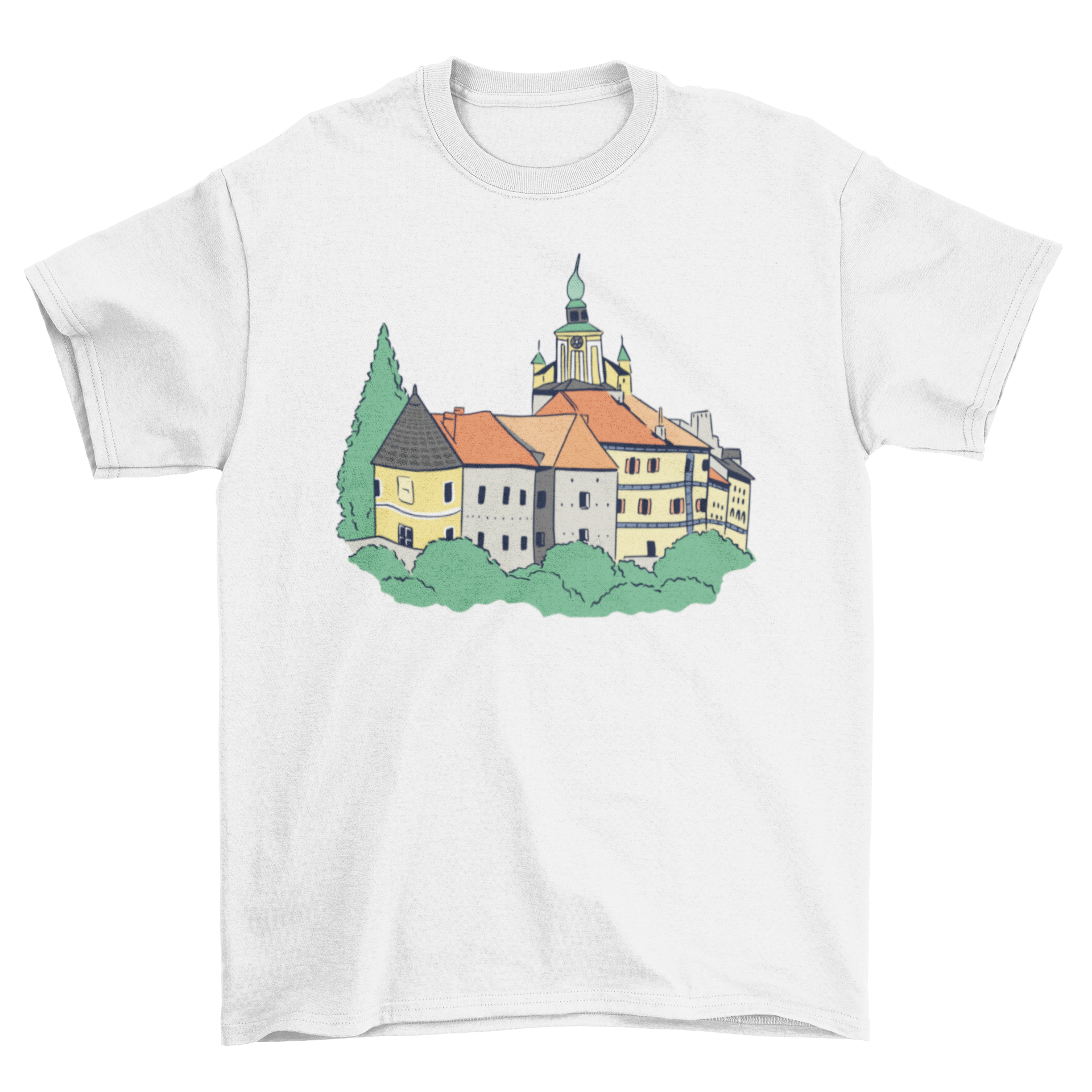 A stylish T-shirt featuring an intricate illustration of a German castle, showcasing its architectural beauty.