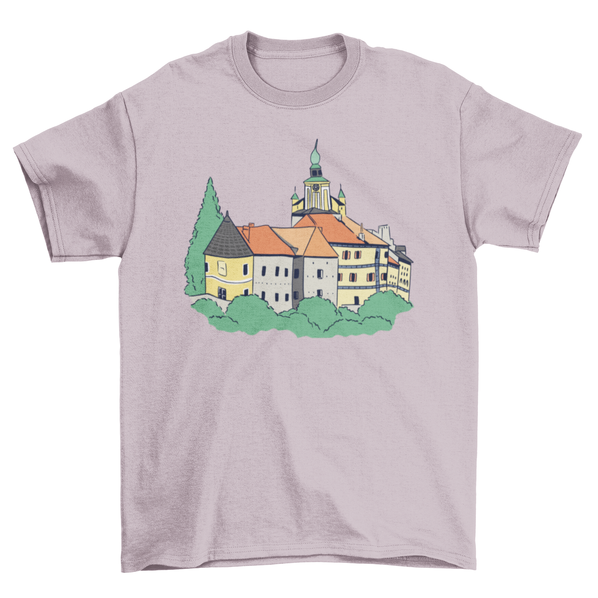 A stylish T-shirt featuring an intricate illustration of a German castle, showcasing its architectural beauty.