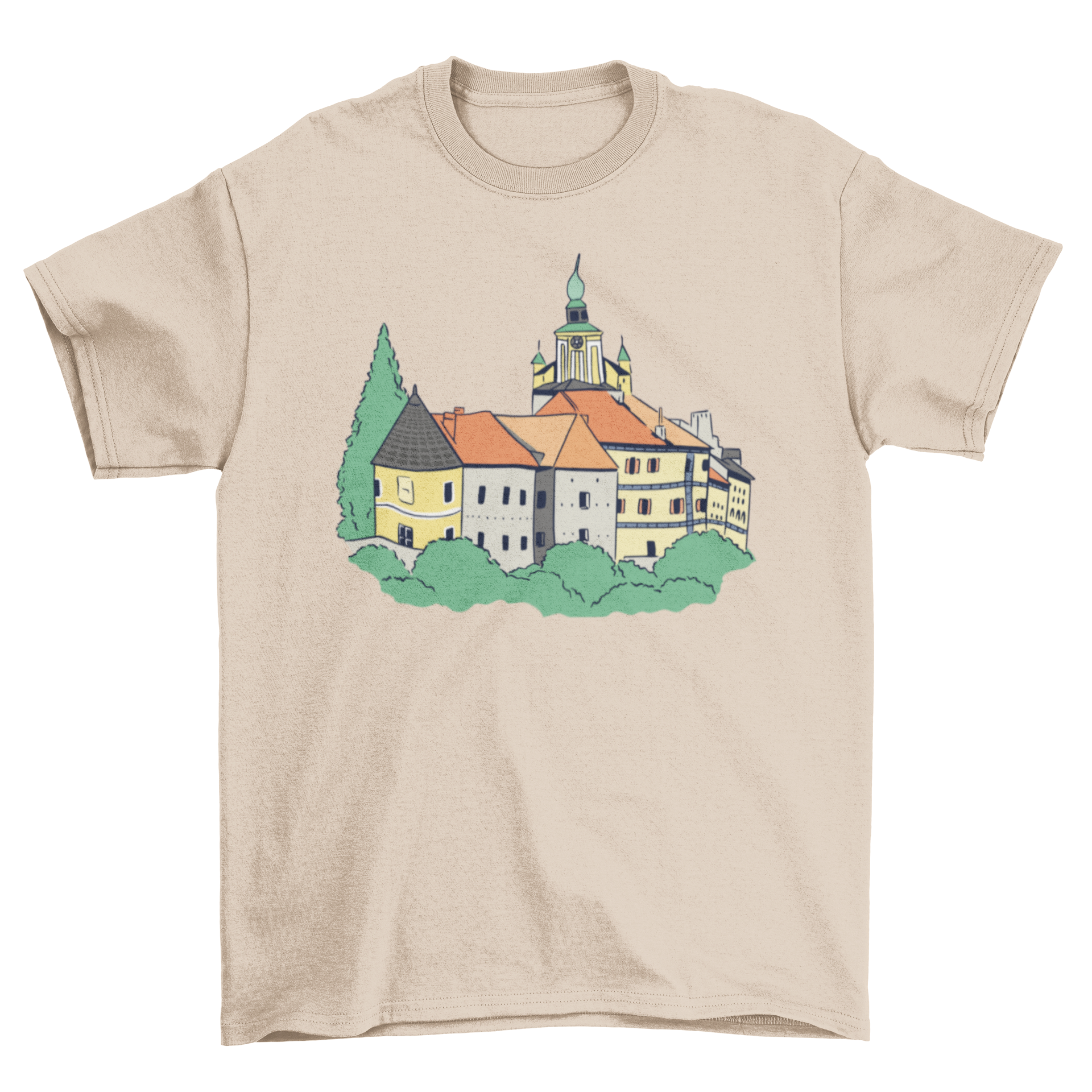 A stylish T-shirt featuring an intricate illustration of a German castle, showcasing its architectural beauty.