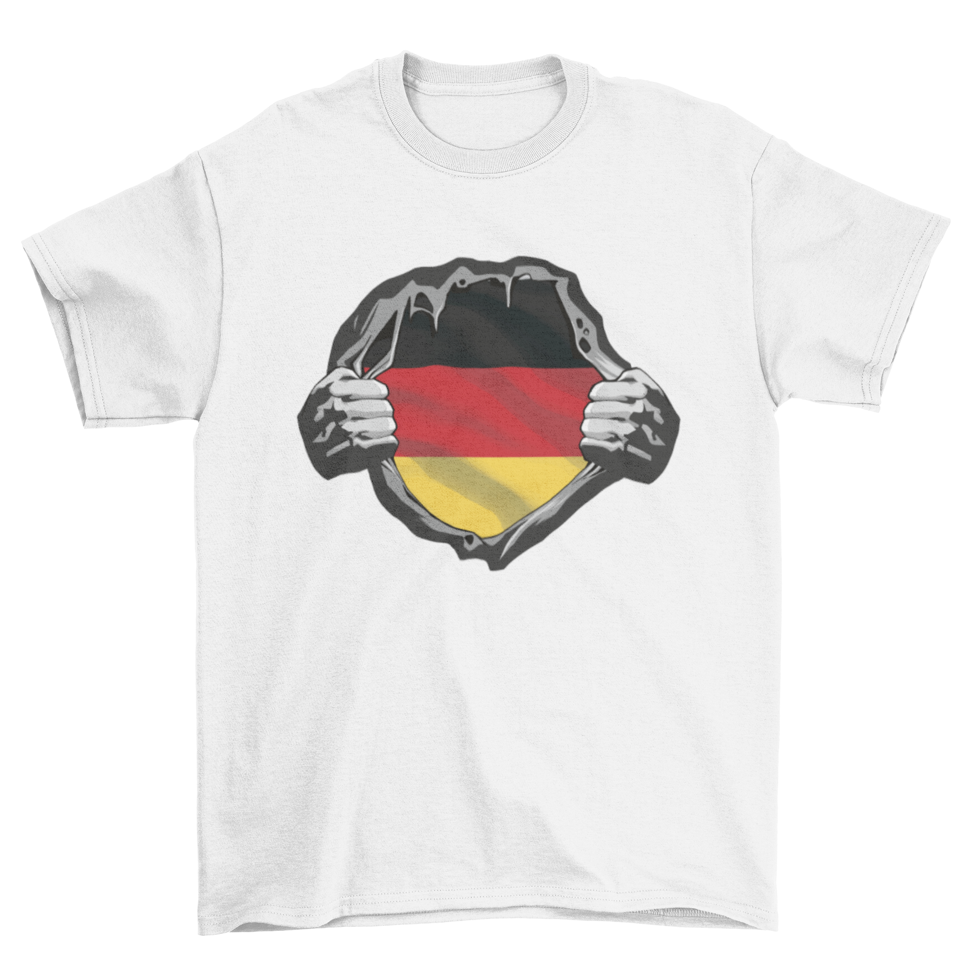 A stylish German Flag T-shirt featuring a hand ripping off the shirt to reveal the vibrant colors of the German flag.