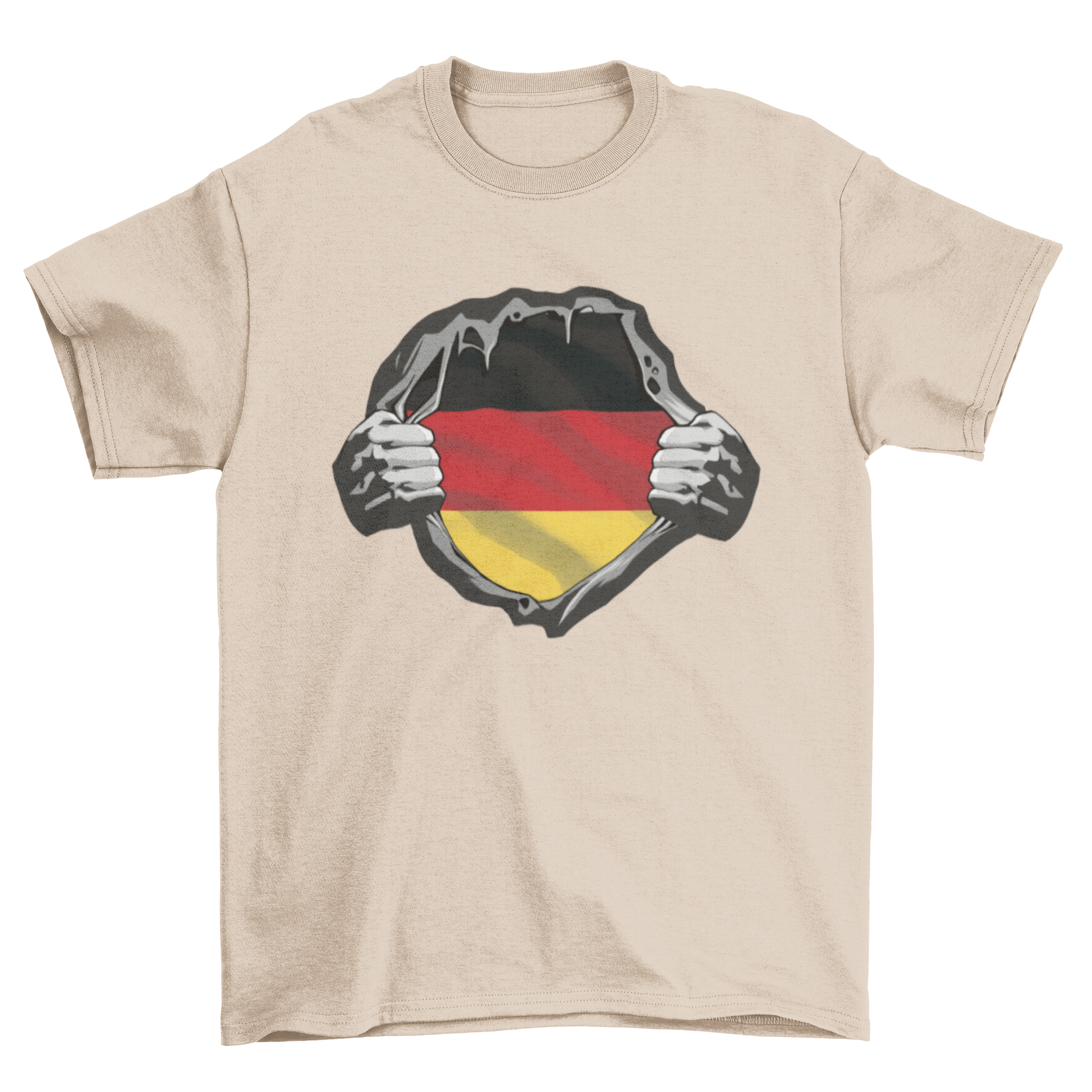 A stylish German Flag T-shirt featuring a hand ripping off the shirt to reveal the vibrant colors of the German flag.