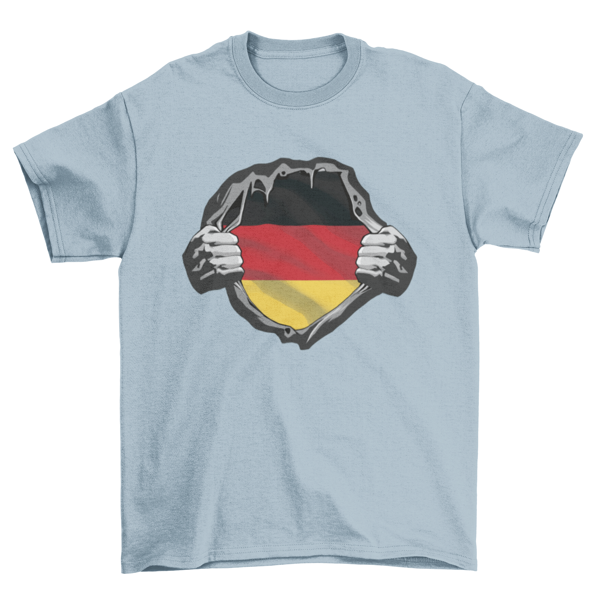 A stylish German Flag T-shirt featuring a hand ripping off the shirt to reveal the vibrant colors of the German flag.