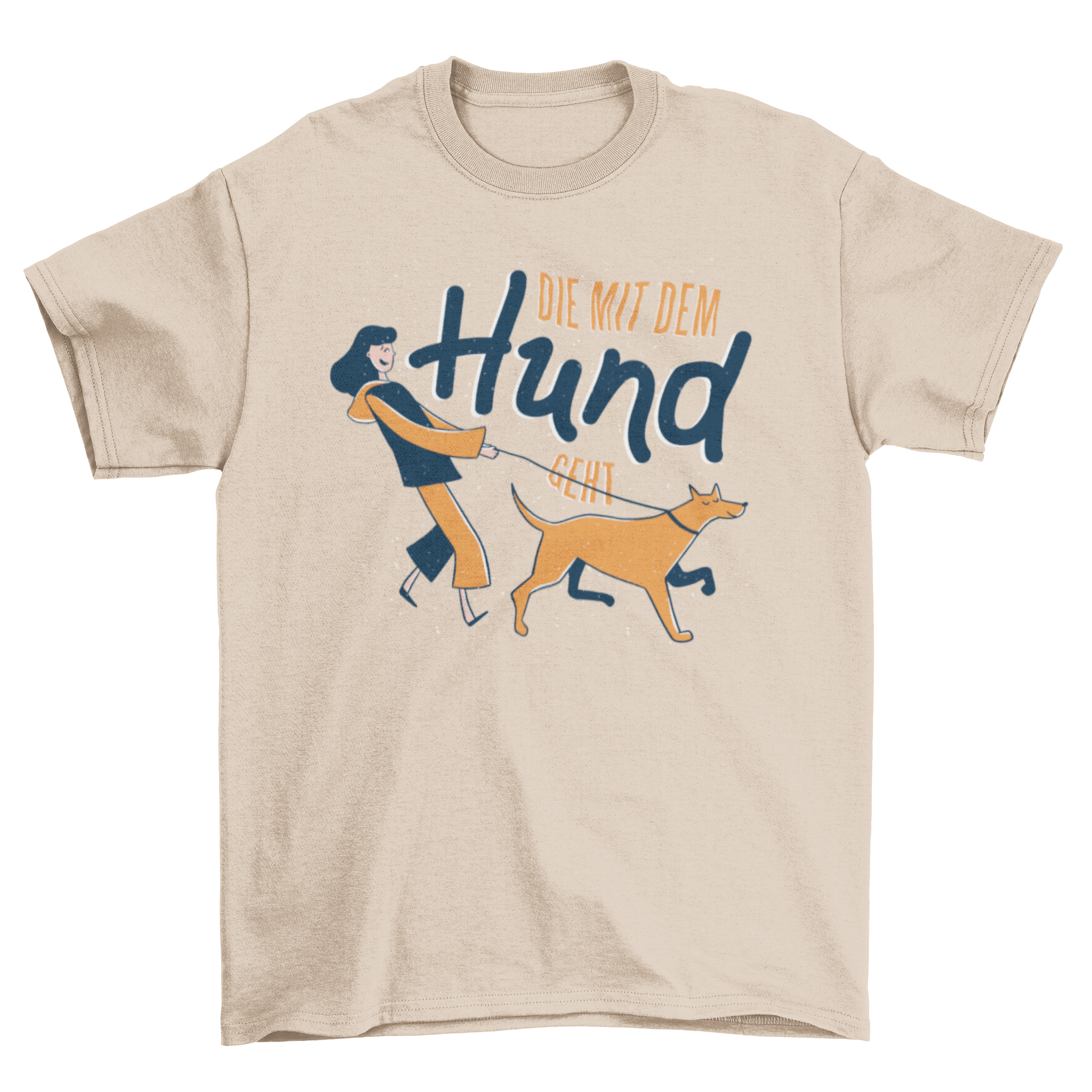 A stylish German Hund T-shirt featuring a woman walking her dog with a German caption.