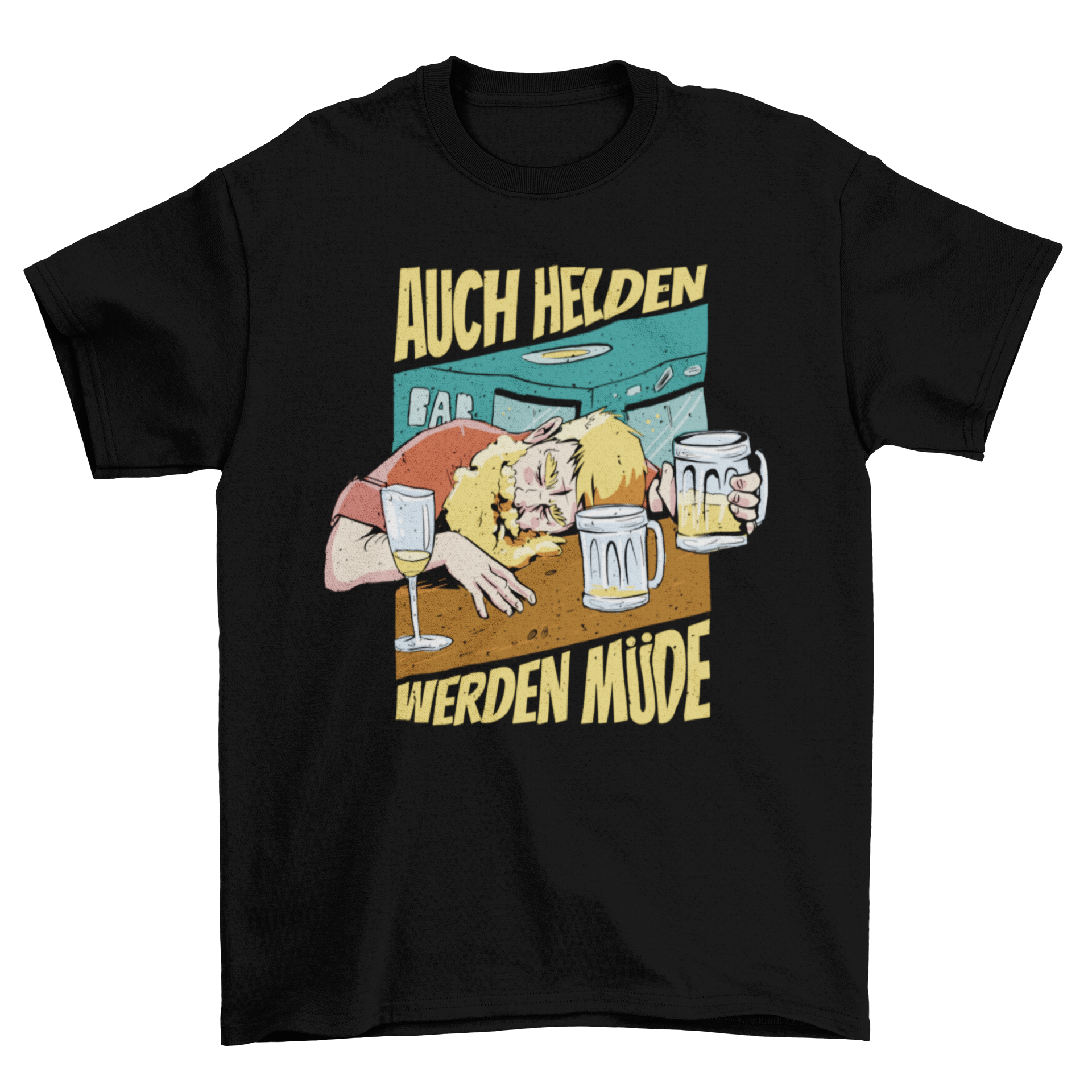 A humorous t-shirt design featuring a man sleeping with beer mugs and a German quote, perfect for beer lovers.