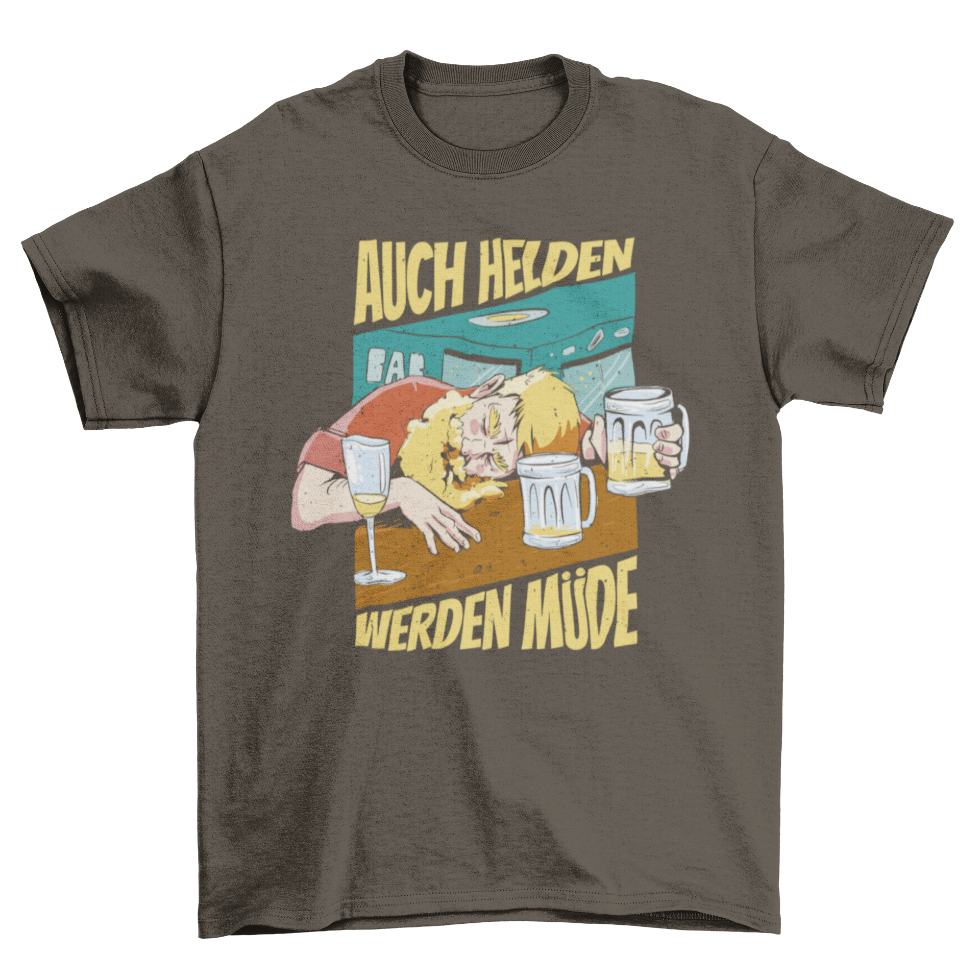 A humorous t-shirt design featuring a man sleeping with beer mugs and a German quote, perfect for beer lovers.