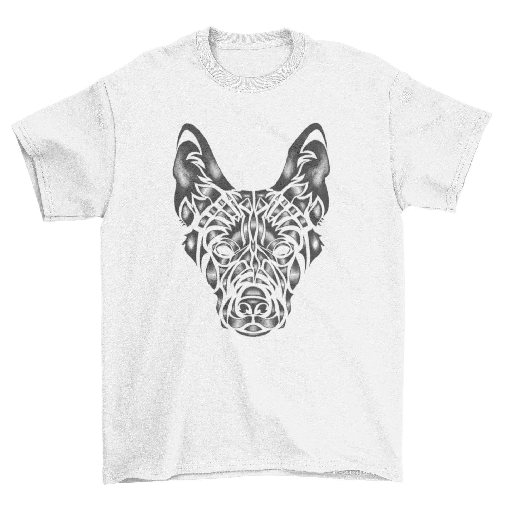 A stylish t-shirt featuring a tribal design of a German Shepherd dog's face, showcasing intricate details and bold lines.