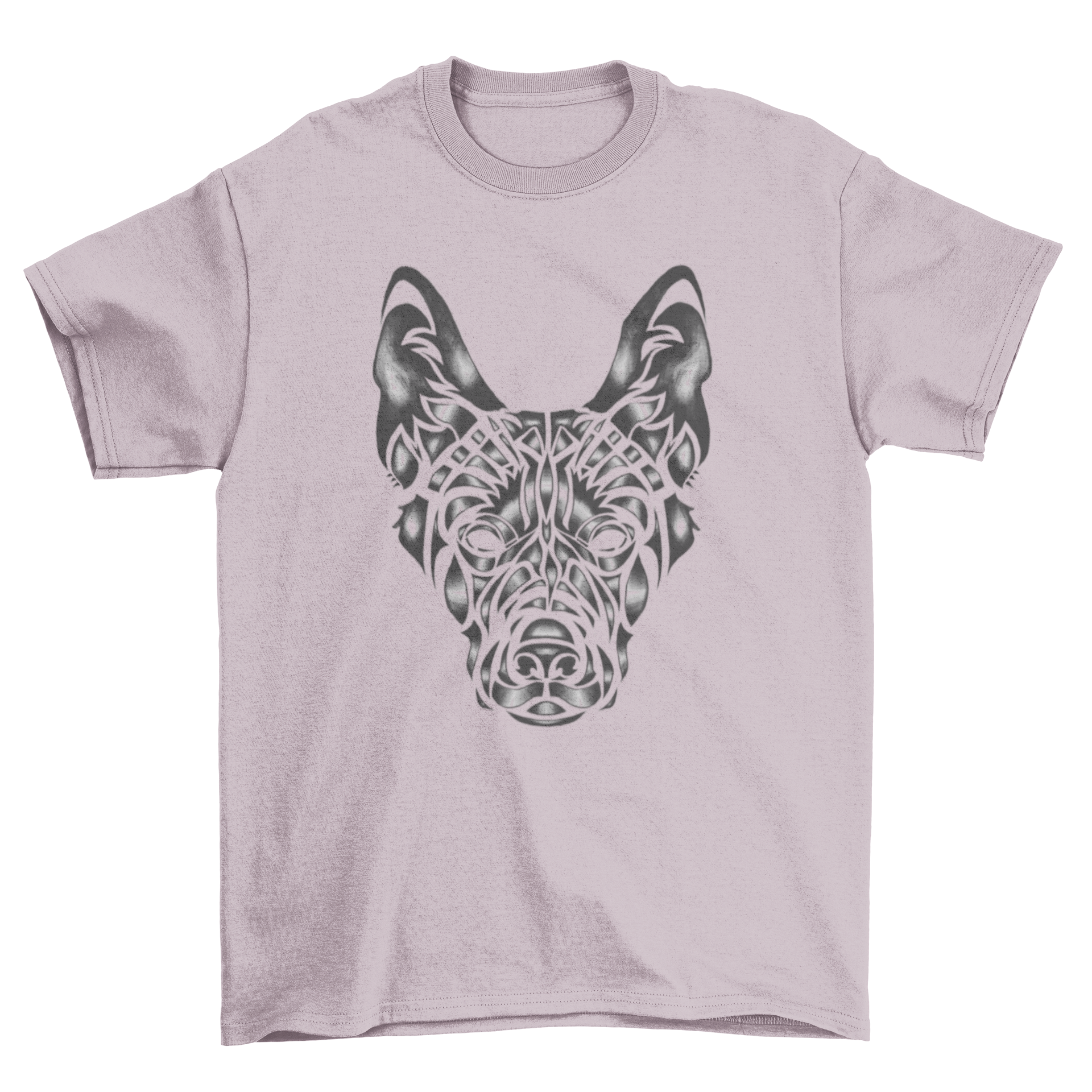 A stylish t-shirt featuring a tribal design of a German Shepherd dog's face, showcasing intricate details and bold lines.