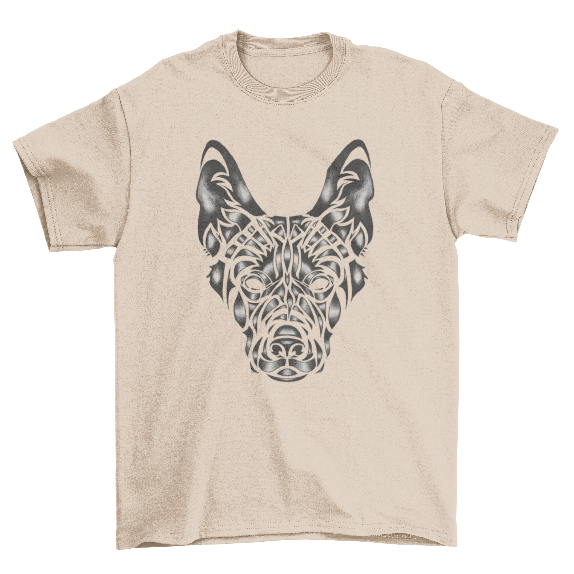 A stylish t-shirt featuring a tribal design of a German Shepherd dog's face, showcasing intricate details and bold lines.