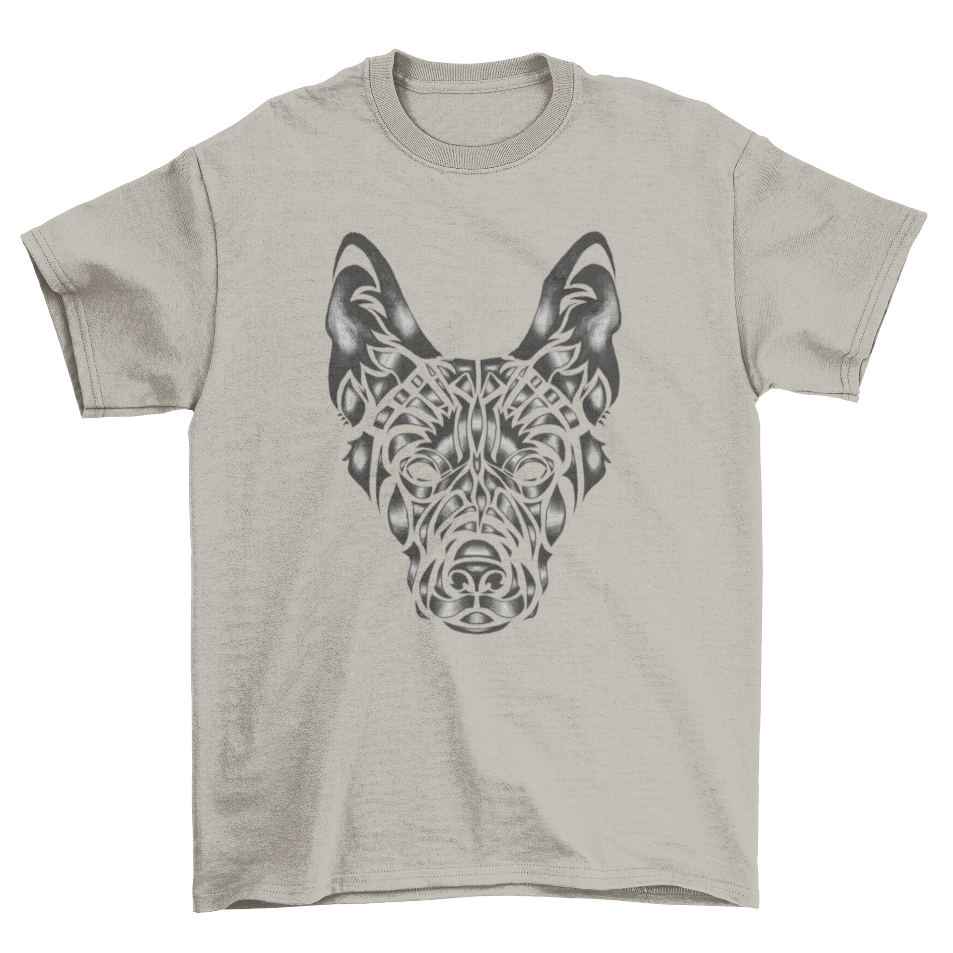 A stylish t-shirt featuring a tribal design of a German Shepherd dog's face, showcasing intricate details and bold lines.