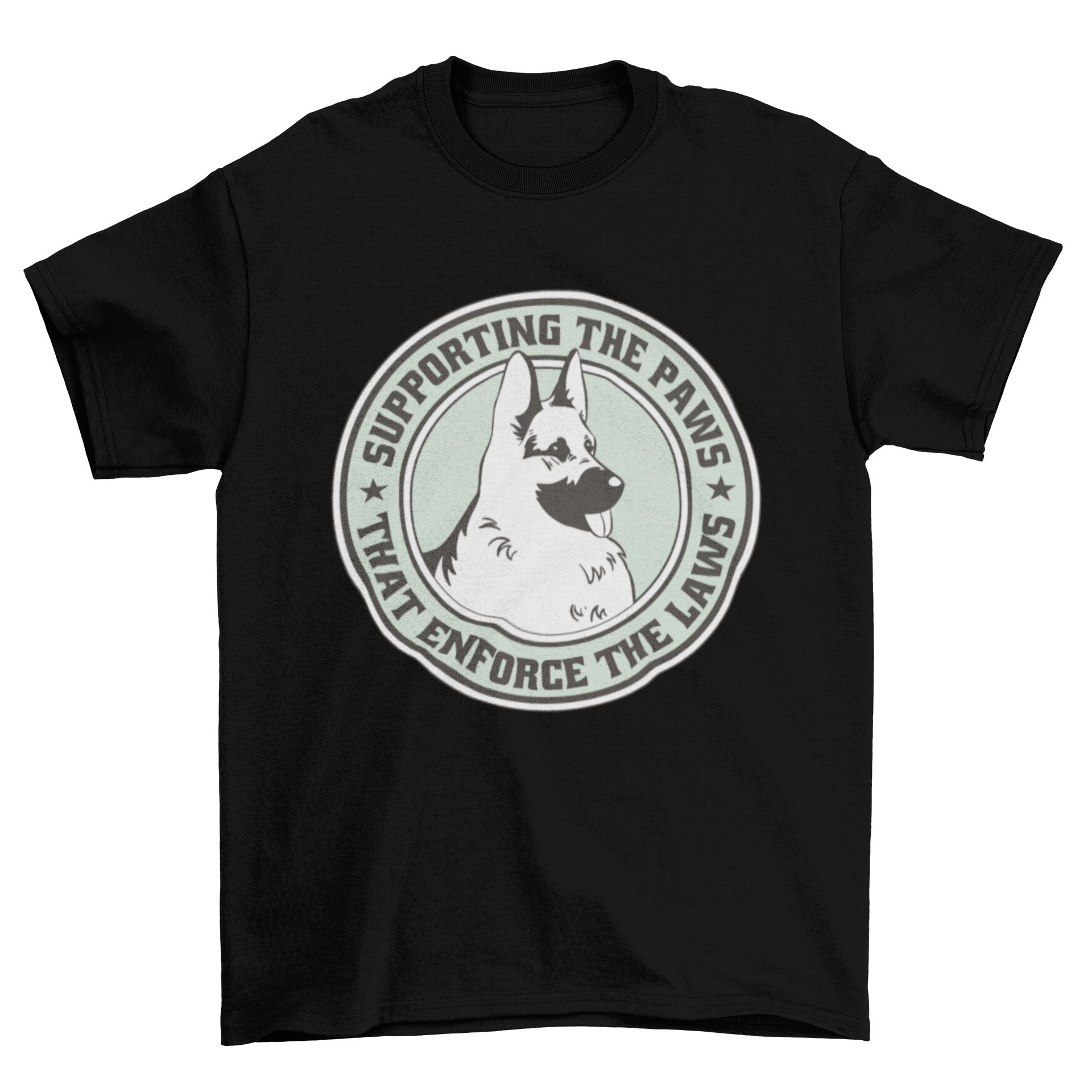 A stylish t-shirt featuring a German Shepherd dog illustration and the quote 'Supporting the paws'.