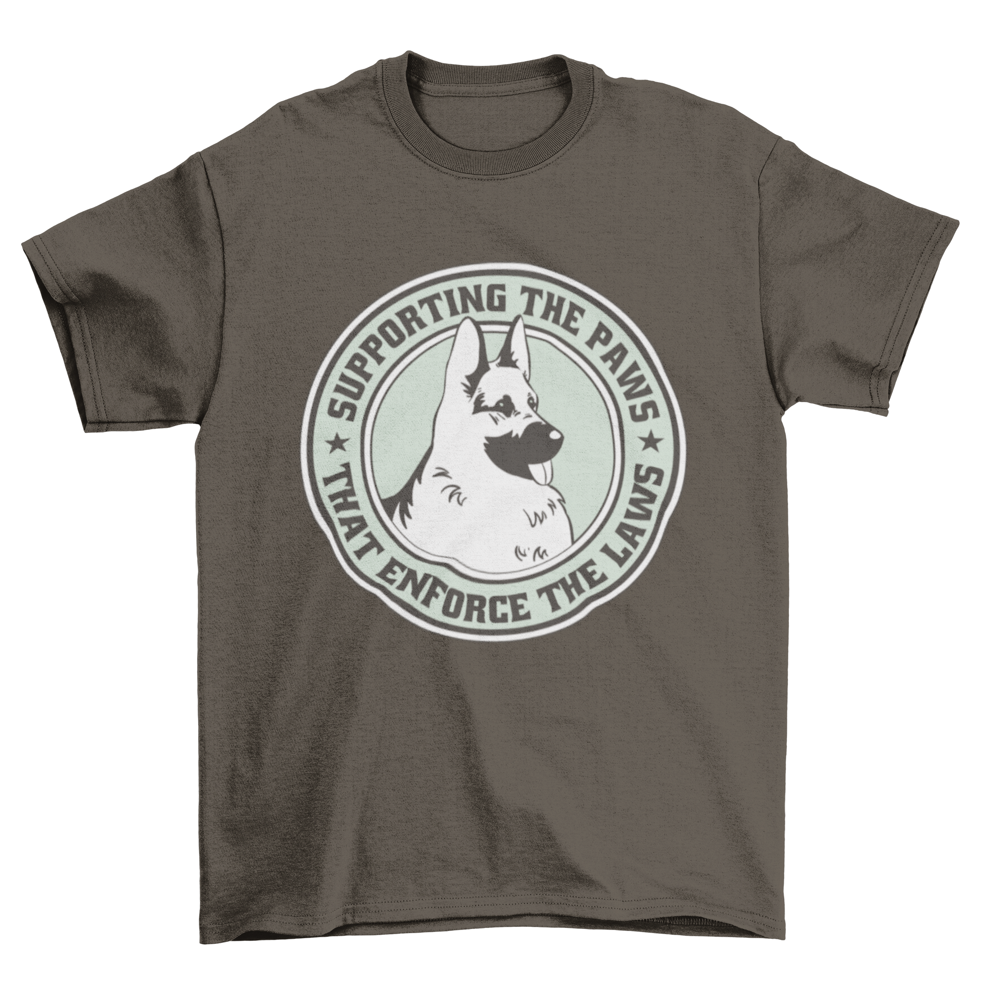 A stylish t-shirt featuring a German Shepherd dog illustration and the quote 'Supporting the paws'.