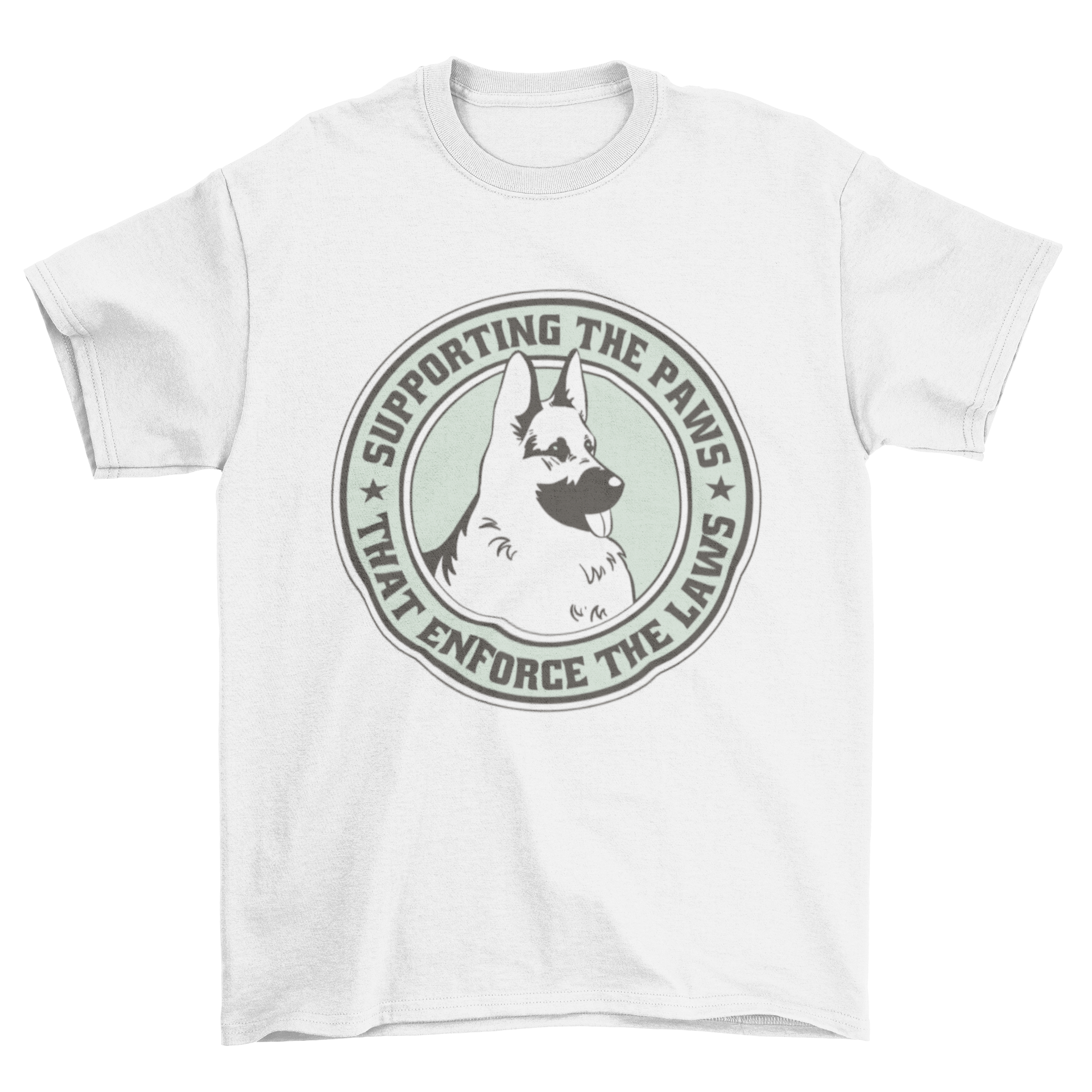 A stylish t-shirt featuring a German Shepherd dog illustration and the quote 'Supporting the paws'.