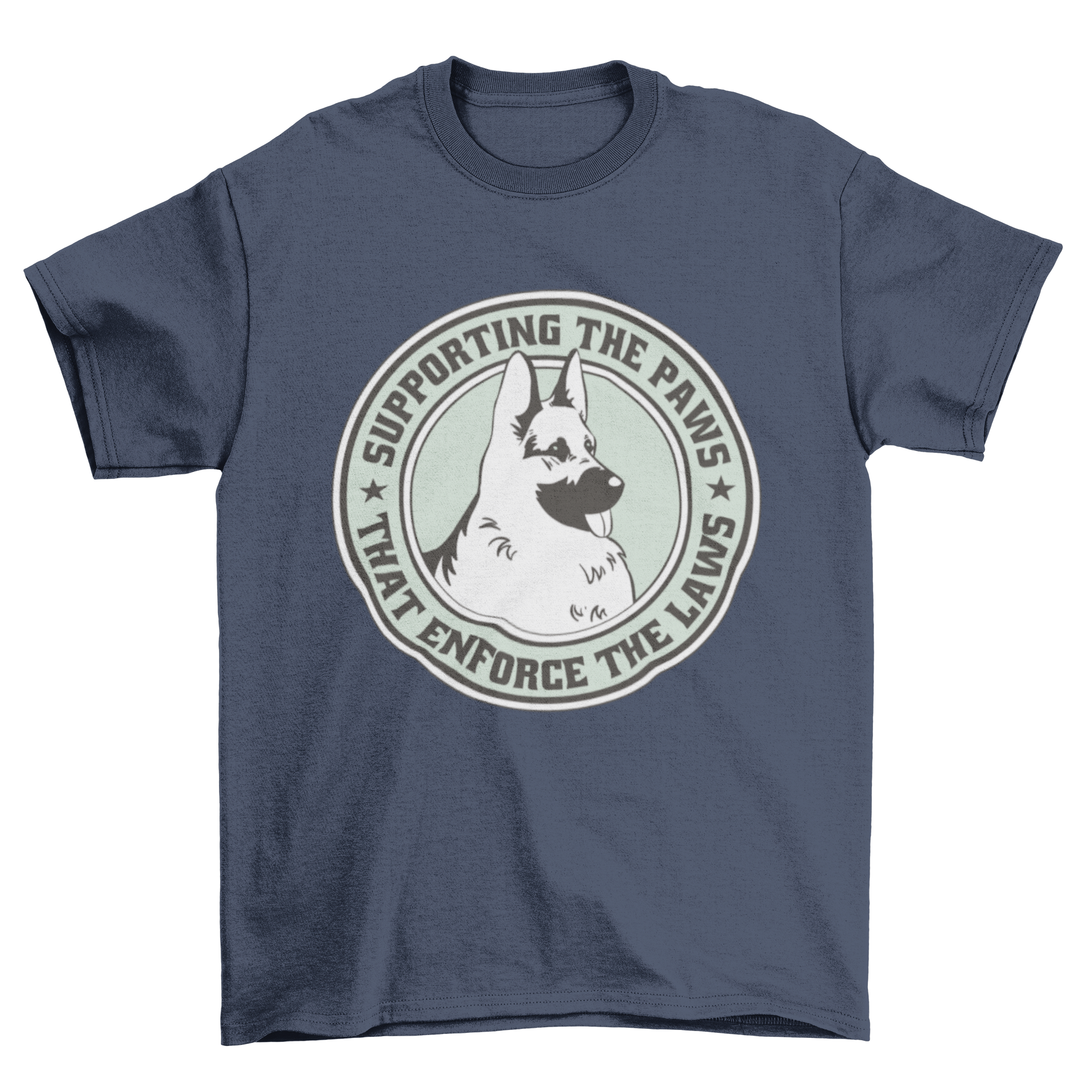 A stylish t-shirt featuring a German Shepherd dog illustration and the quote 'Supporting the paws'.