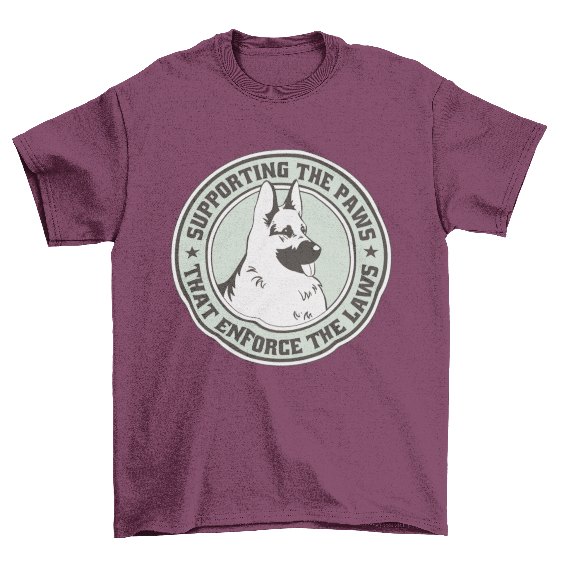 A stylish t-shirt featuring a German Shepherd dog illustration and the quote 'Supporting the paws'.