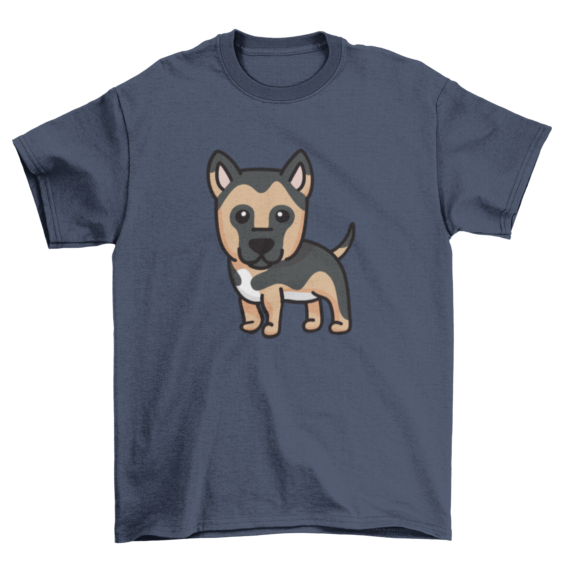 A cute cartoon design of a German Shepherd puppy on a t-shirt, showcasing its playful and friendly nature.