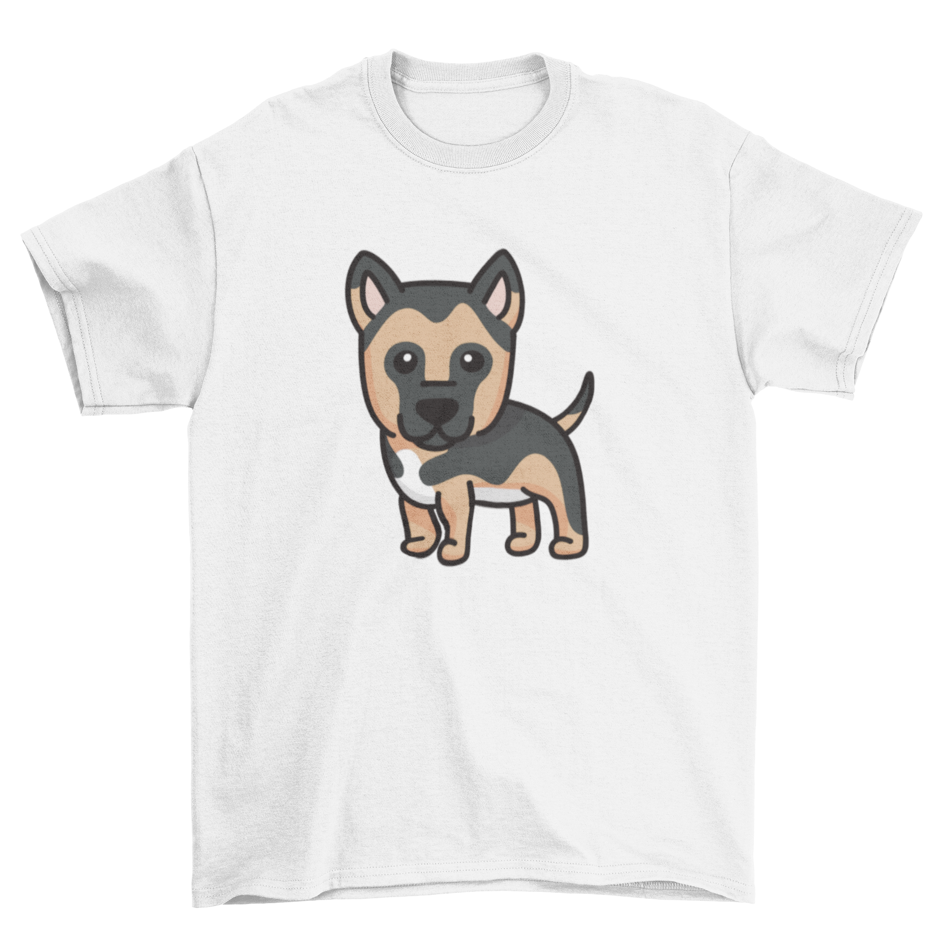 A cute cartoon design of a German Shepherd puppy on a t-shirt, showcasing its playful and friendly nature.