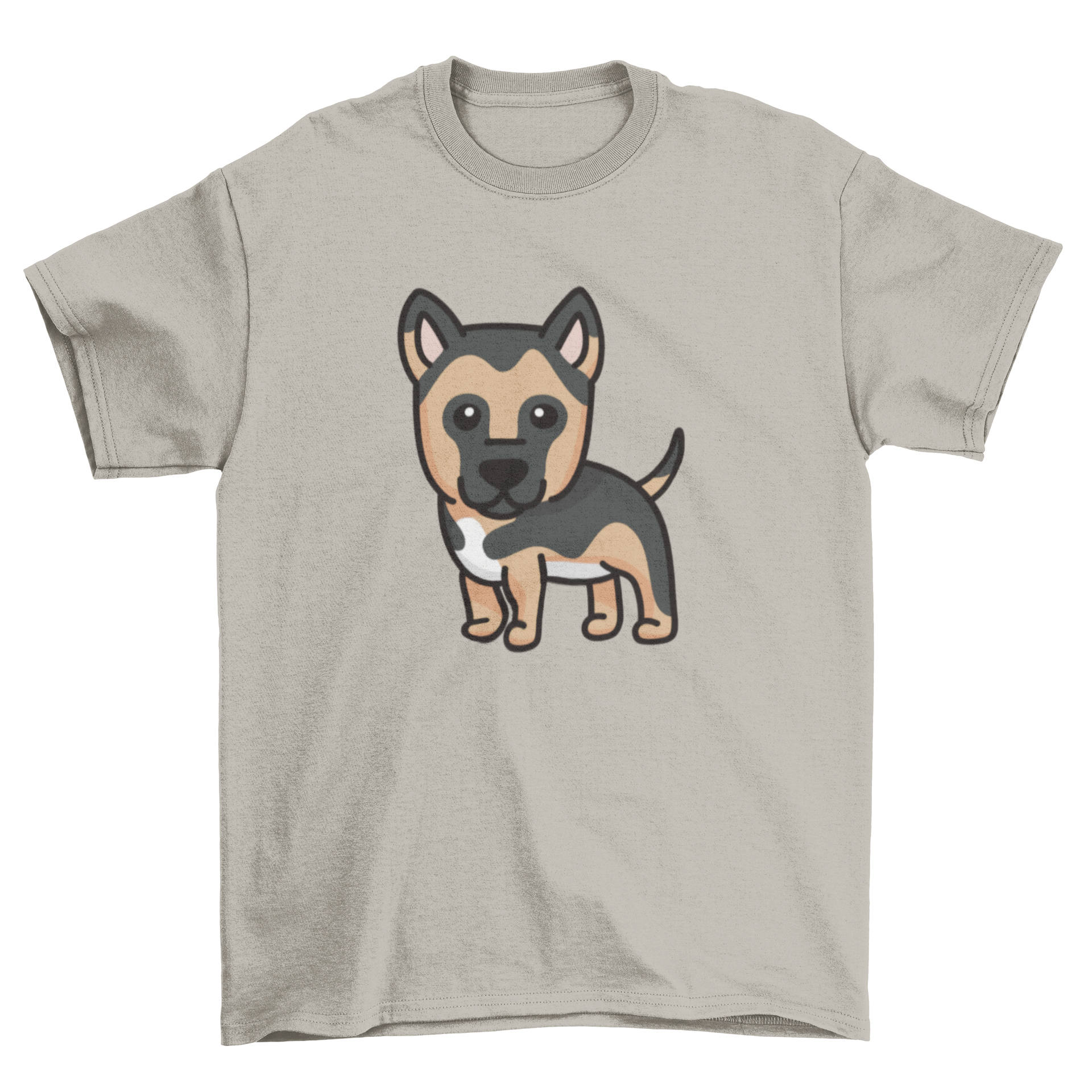 A cute cartoon design of a German Shepherd puppy on a t-shirt, showcasing its playful and friendly nature.