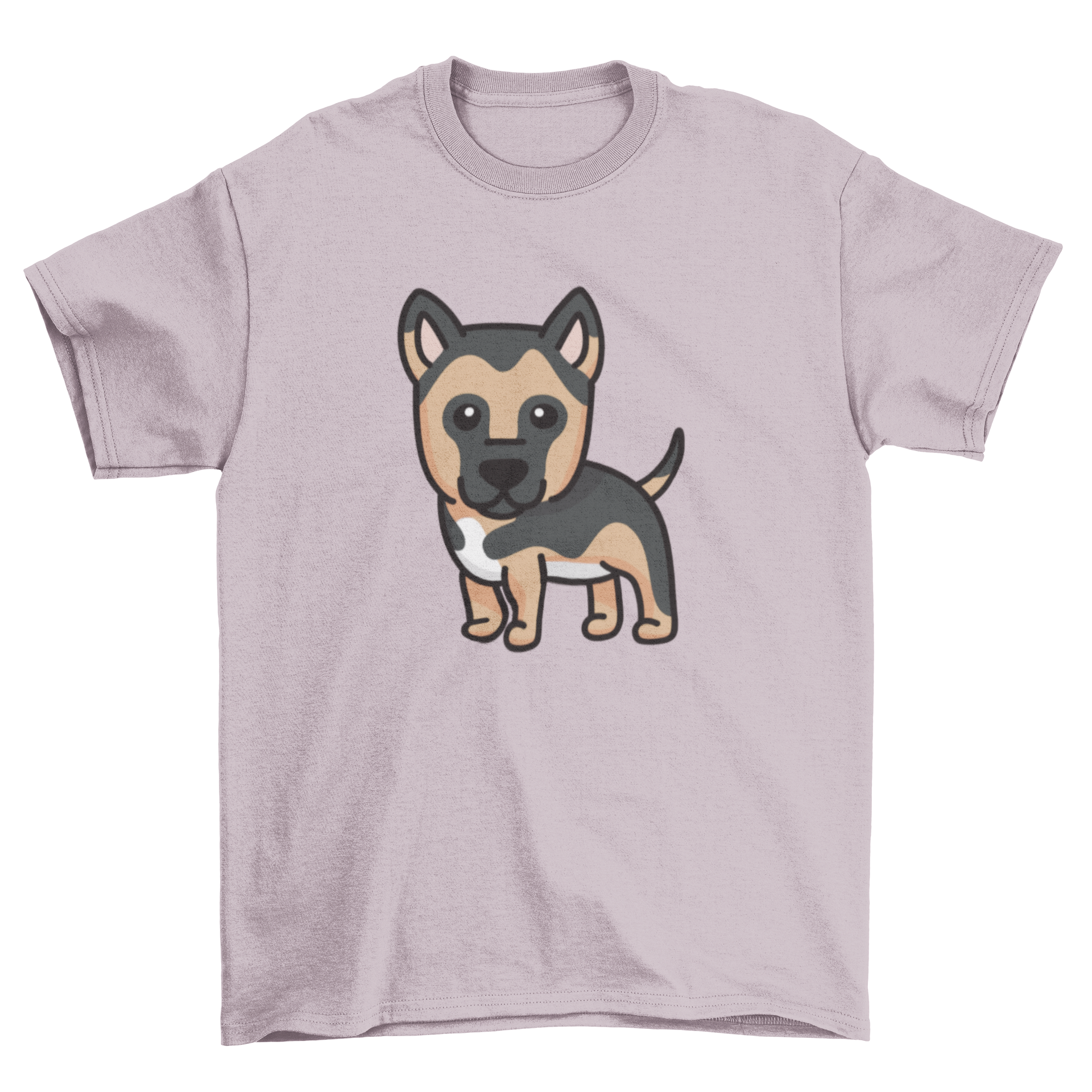 A cute cartoon design of a German Shepherd puppy on a t-shirt, showcasing its playful and friendly nature.