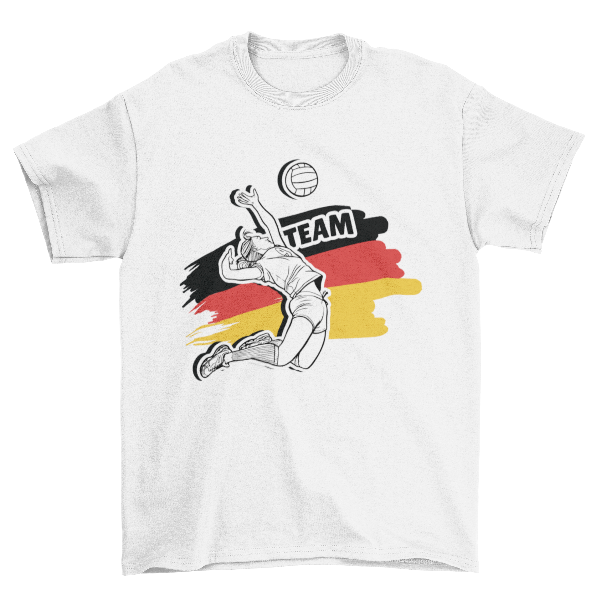 German volleyball t-shirt featuring a woman playing volleyball with the German flag background and 'Team' caption.