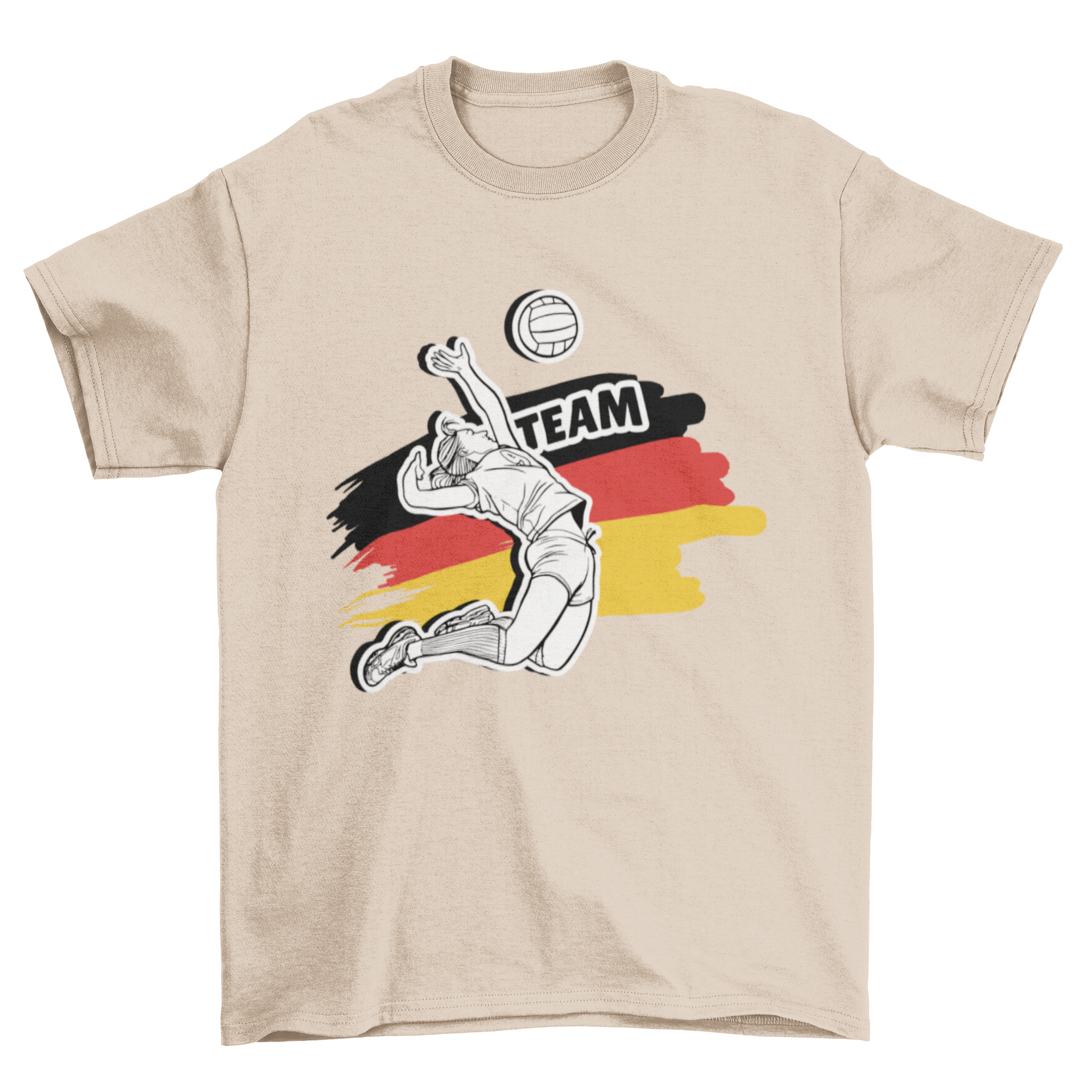 German volleyball t-shirt featuring a woman playing volleyball with the German flag background and 'Team' caption.