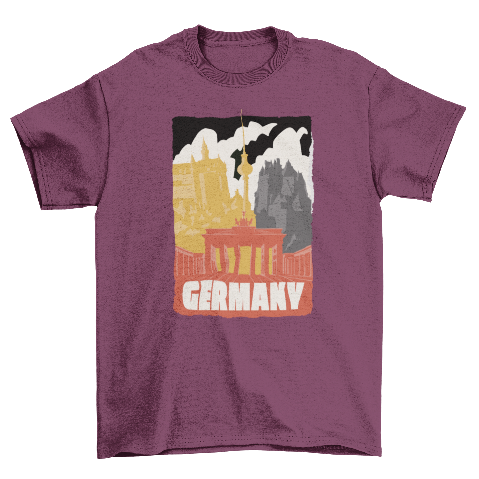 A stylish t-shirt featuring famous German landmarks and the word 'Germany' in bold lettering.