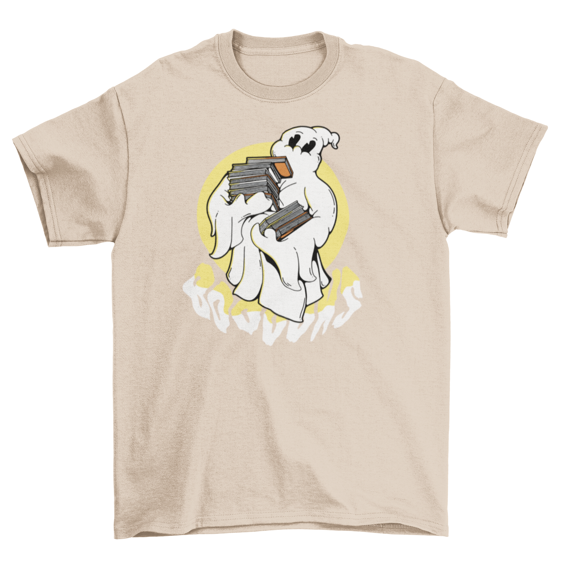 A playful t-shirt featuring a cartoon ghost carrying a stack of colorful books, perfect for book lovers.