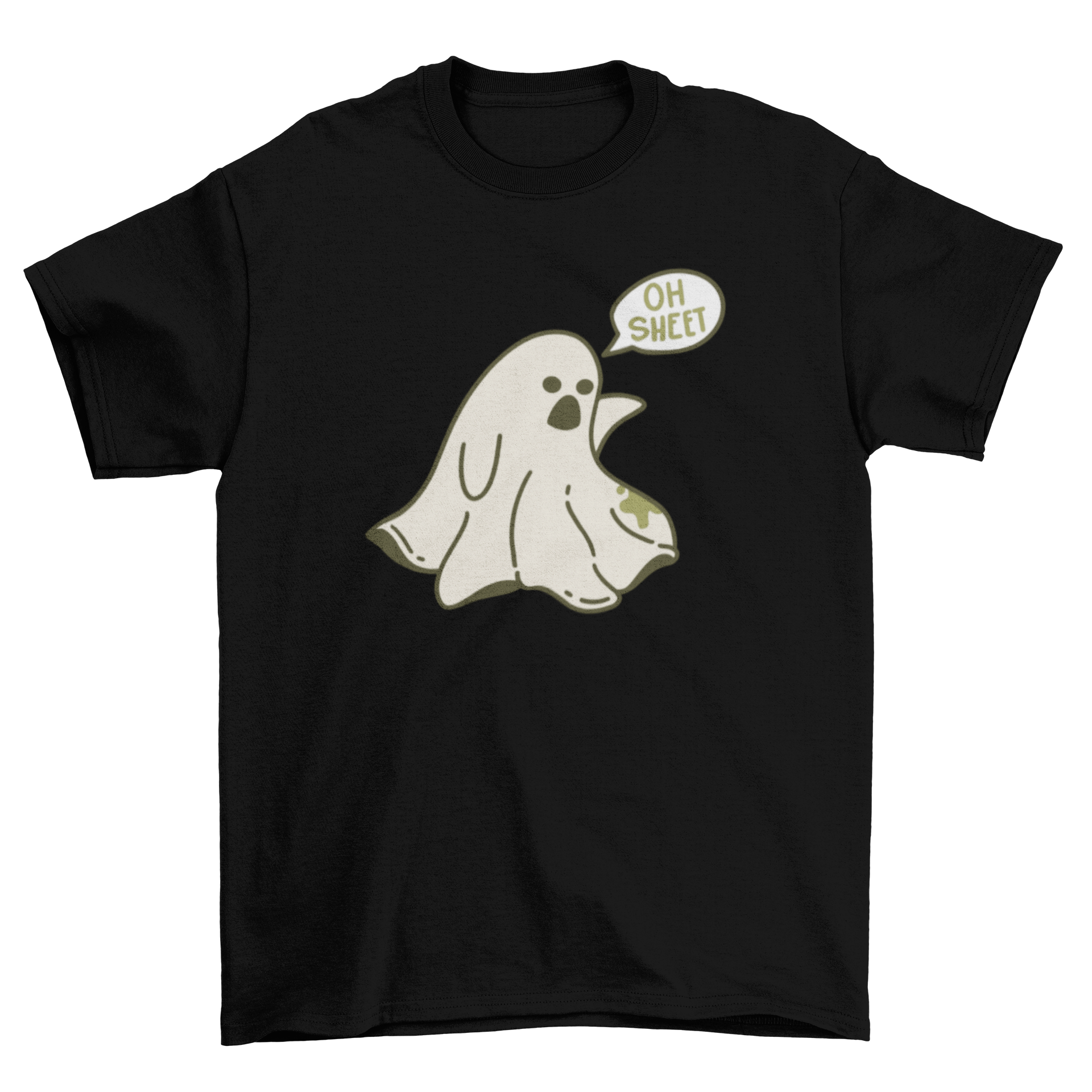 A humorous cartoon t-shirt featuring a classic ghost with a speech bubble saying 'Oh sheet' for Halloween.