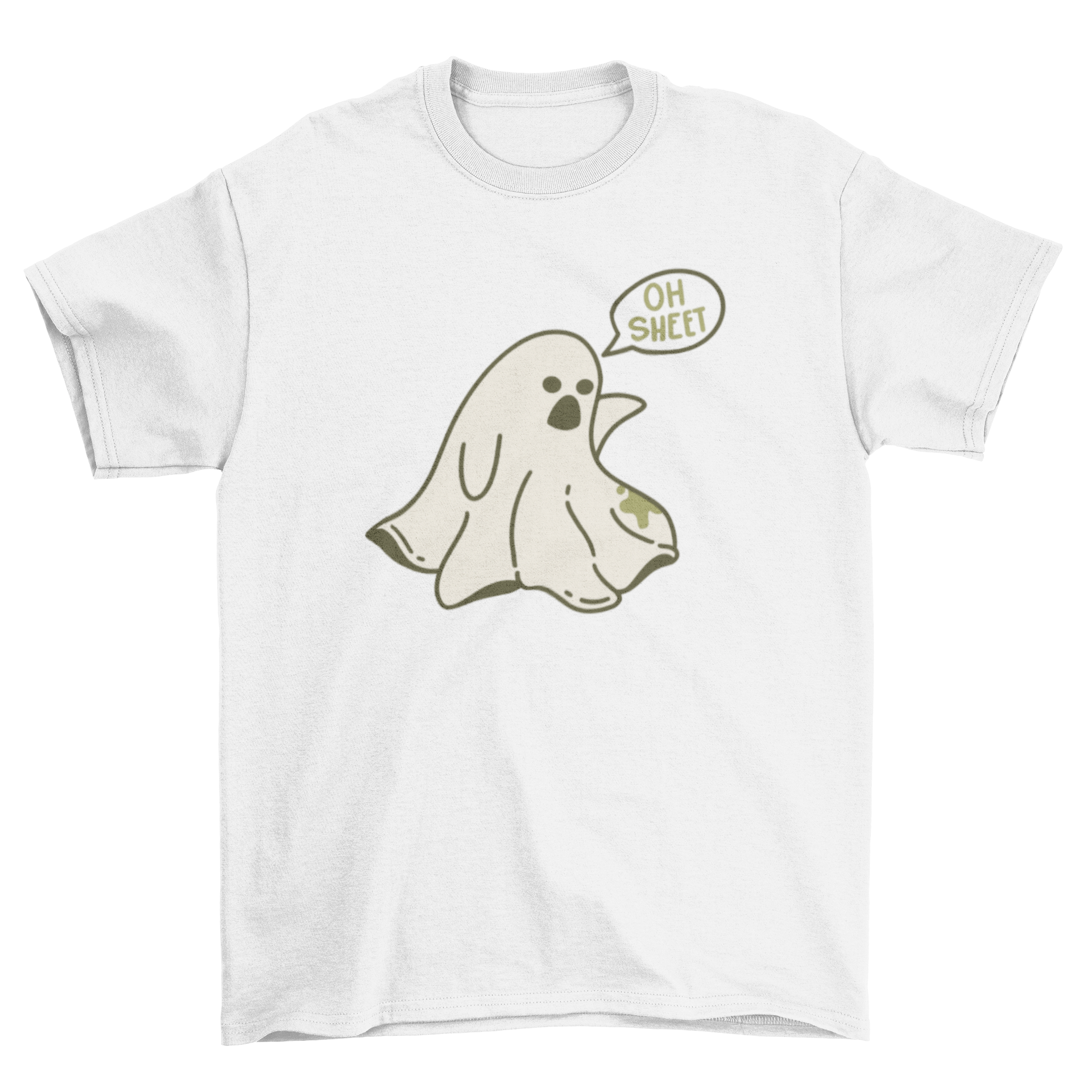 A humorous cartoon t-shirt featuring a classic ghost with a speech bubble saying 'Oh sheet' for Halloween.